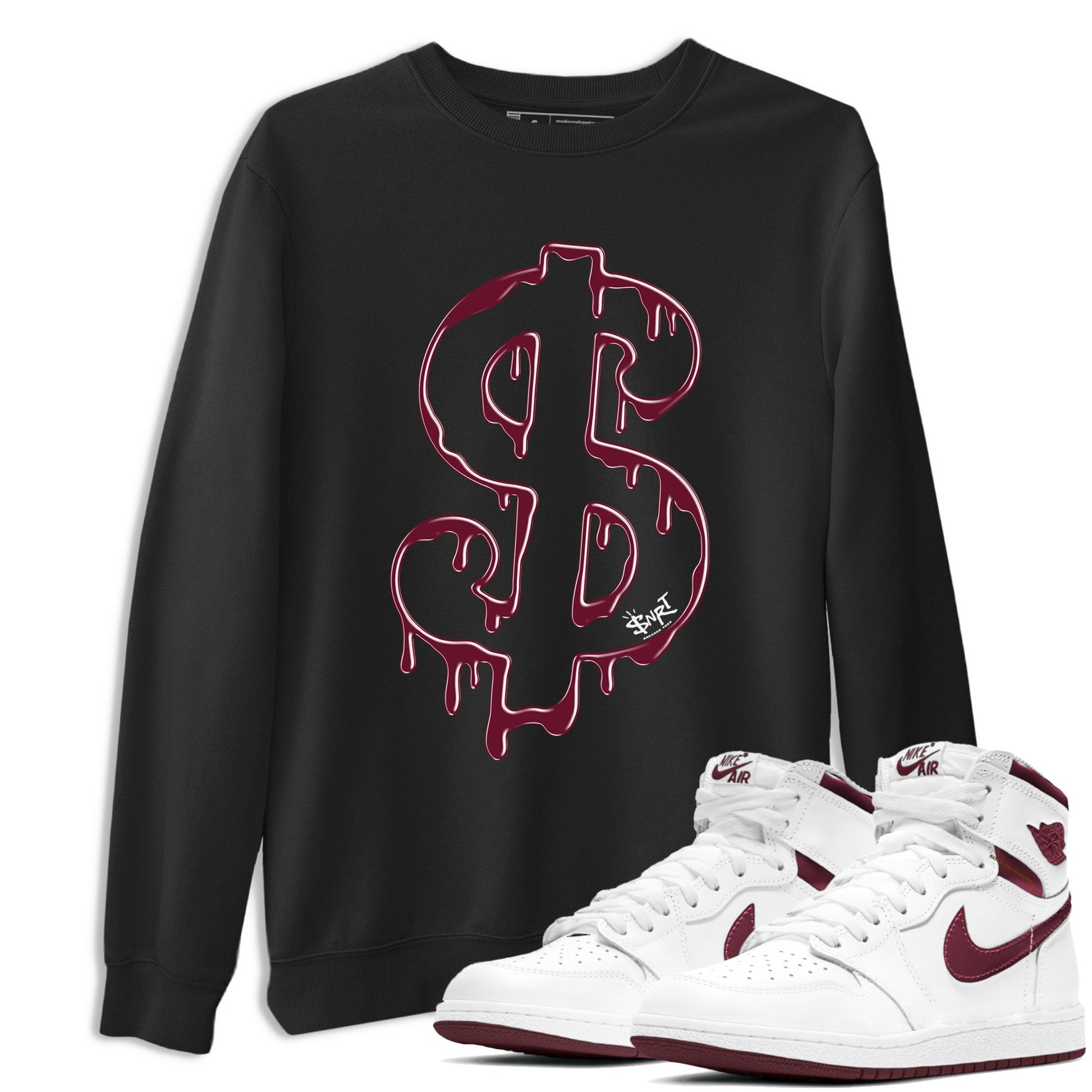 AJ1 Metallic Burgundy shirt to match jordans Dripping Dollar sneaker match tee Air Jordan 1 Metallic Burgundy SNRT Sneaker Tees unisex cotton Black 1 crew neck shirt