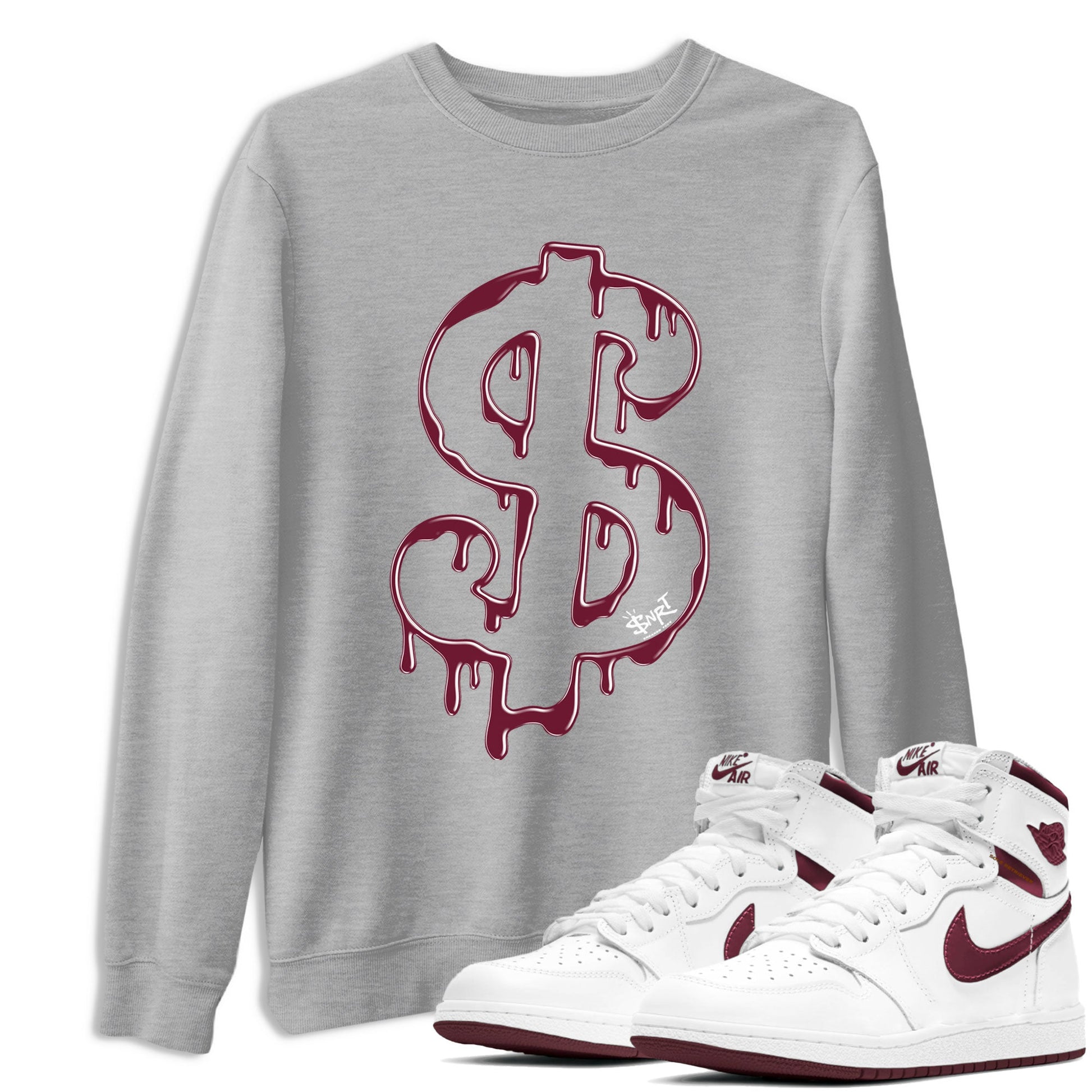 AJ1 Metallic Burgundy shirt to match jordans Dripping Dollar sneaker match tee Air Jordan 1 Metallic Burgundy SNRT Sneaker Tees unisex cotton Heather Grey 1 crew neck shirt