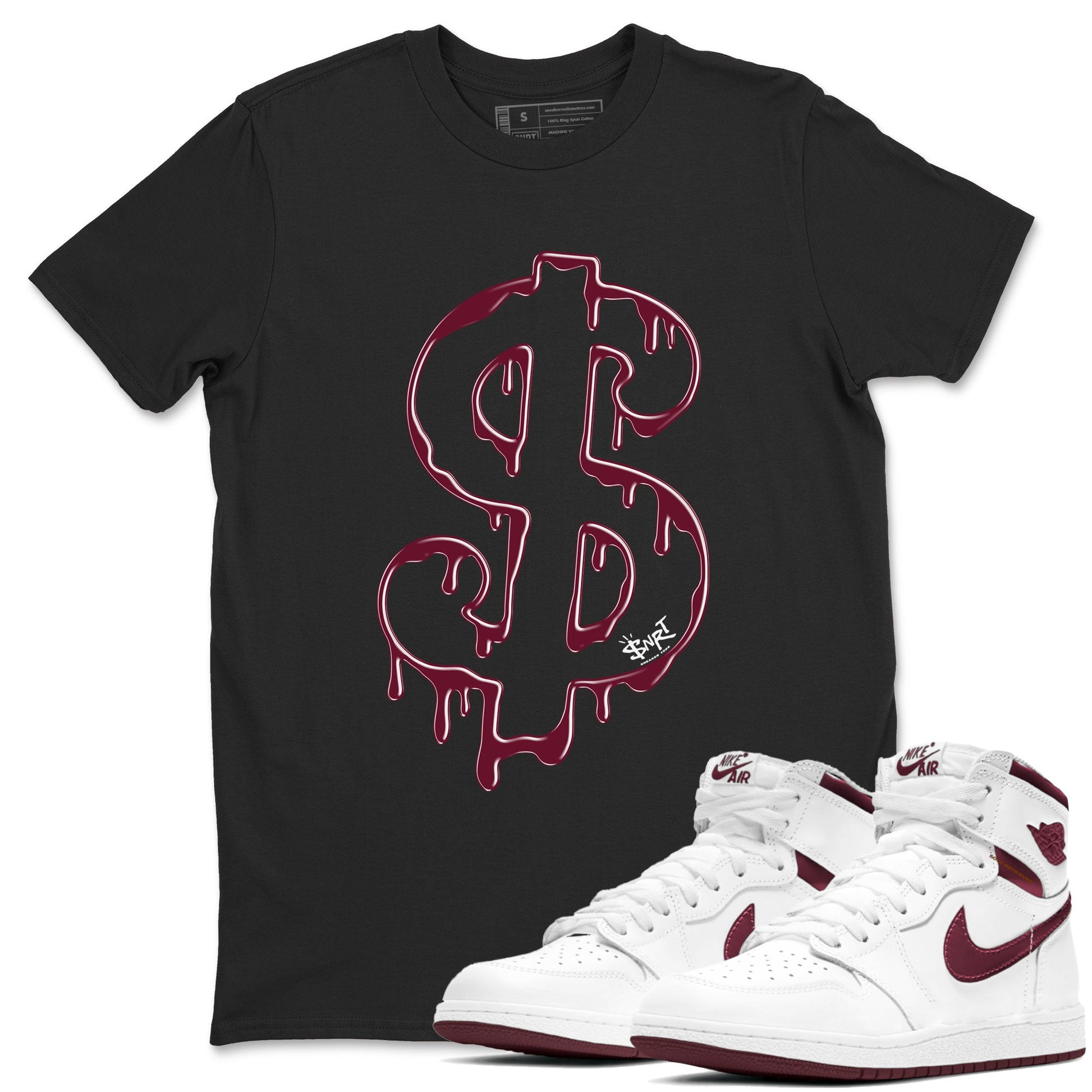 AJ1 Metallic Burgundy shirt to match jordans Dripping Dollar sneaker match tee Air Jordan 1 Metallic Burgundy SNRT Sneaker Tees unisex cotton Black 1 crew neck shirt