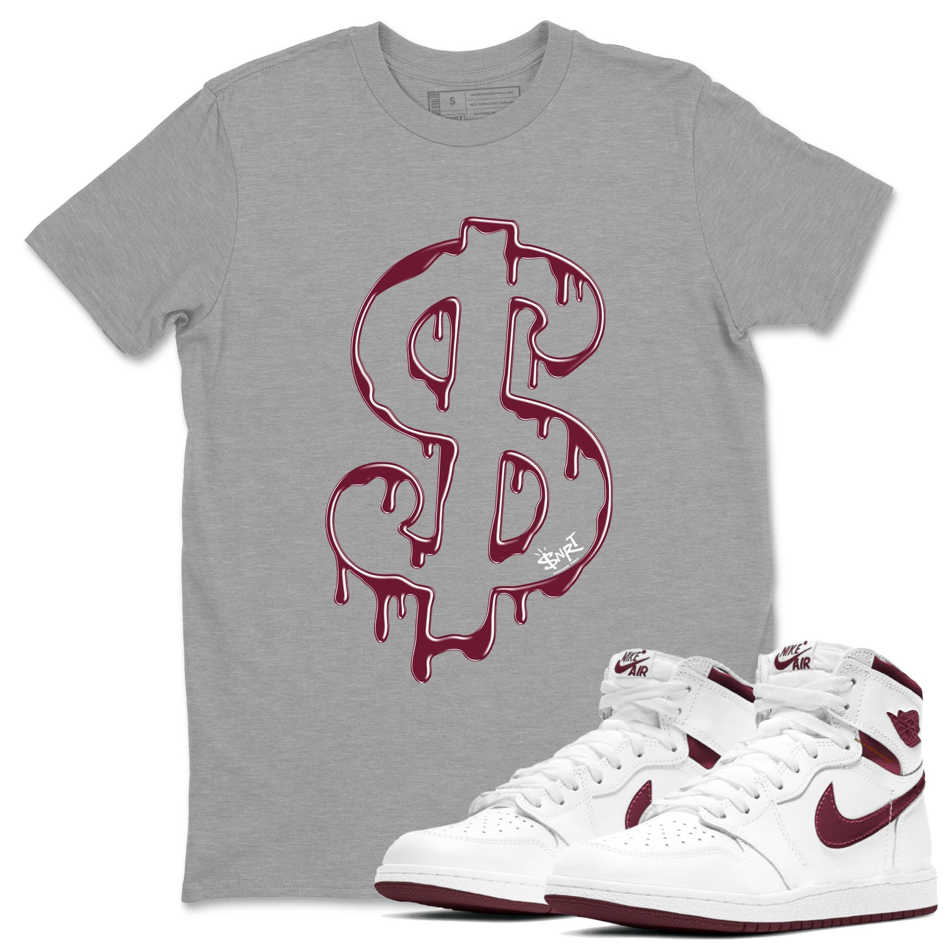 AJ1 Metallic Burgundy shirt to match jordans Dripping Dollar sneaker match tee Air Jordan 1 Metallic Burgundy SNRT Sneaker Tees unisex cotton Heather Grey 1 crew neck shirt