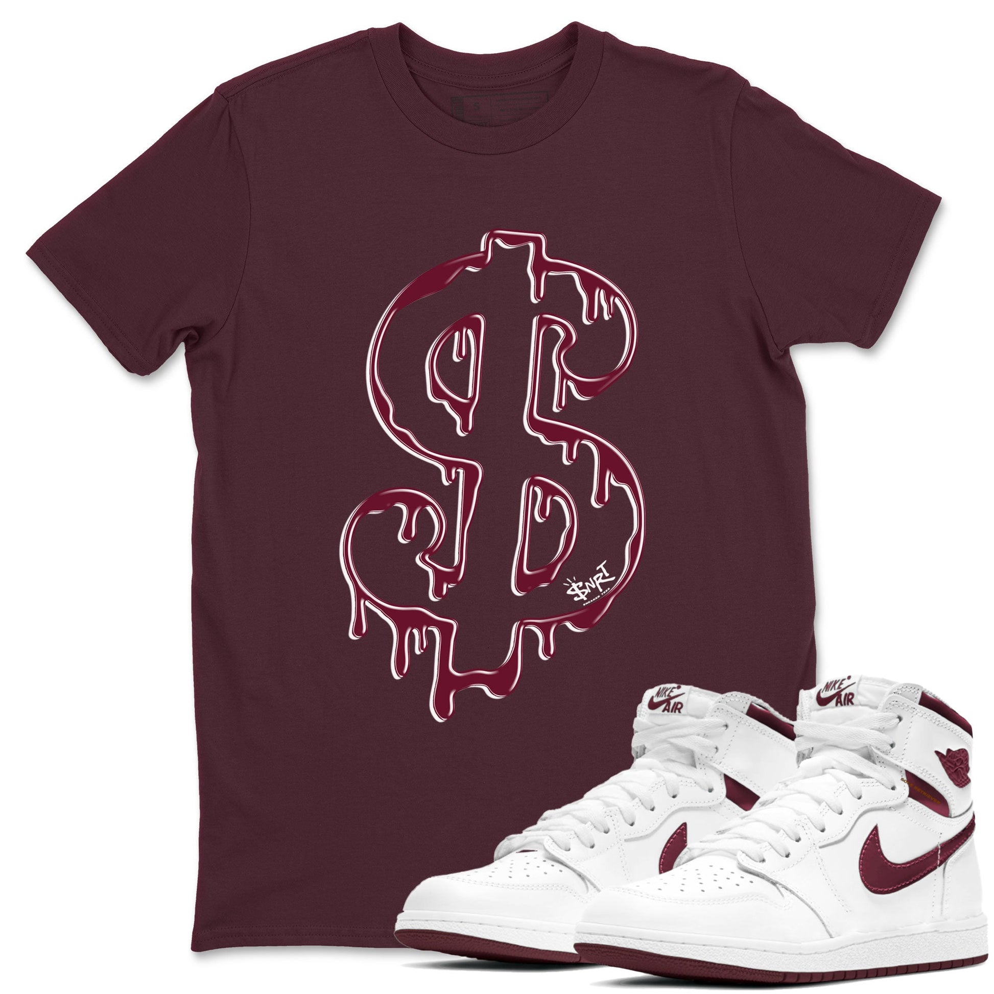 AJ1 Metallic Burgundy shirt to match jordans Dripping Dollar sneaker match tee Air Jordan 1 Metallic Burgundy SNRT Sneaker Tees unisex cotton Maroon 1 crew neck shirt