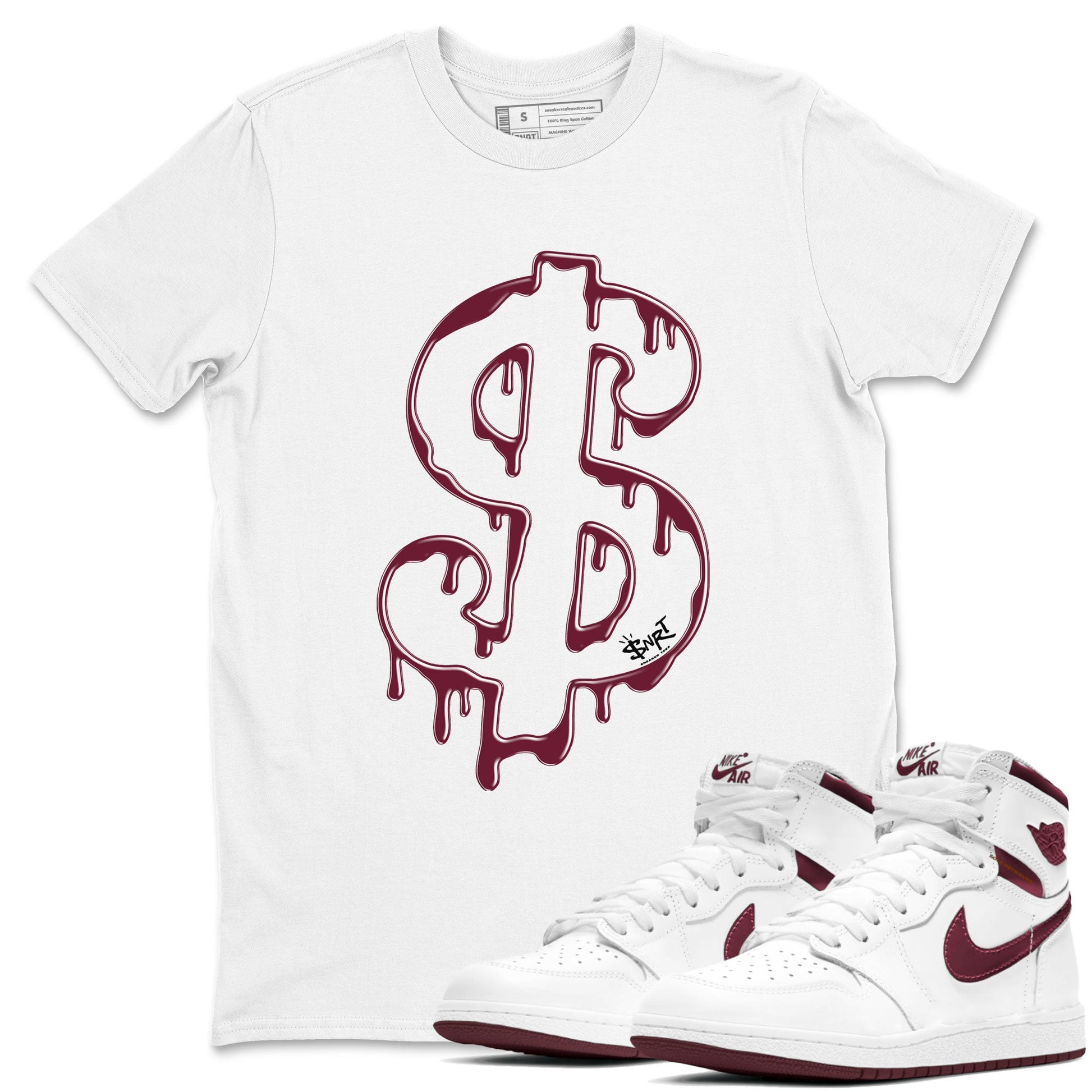 AJ1 Metallic Burgundy shirt to match jordans Dripping Dollar sneaker match tee Air Jordan 1 Metallic Burgundy SNRT Sneaker Tees unisex cotton White 1 crew neck shirt