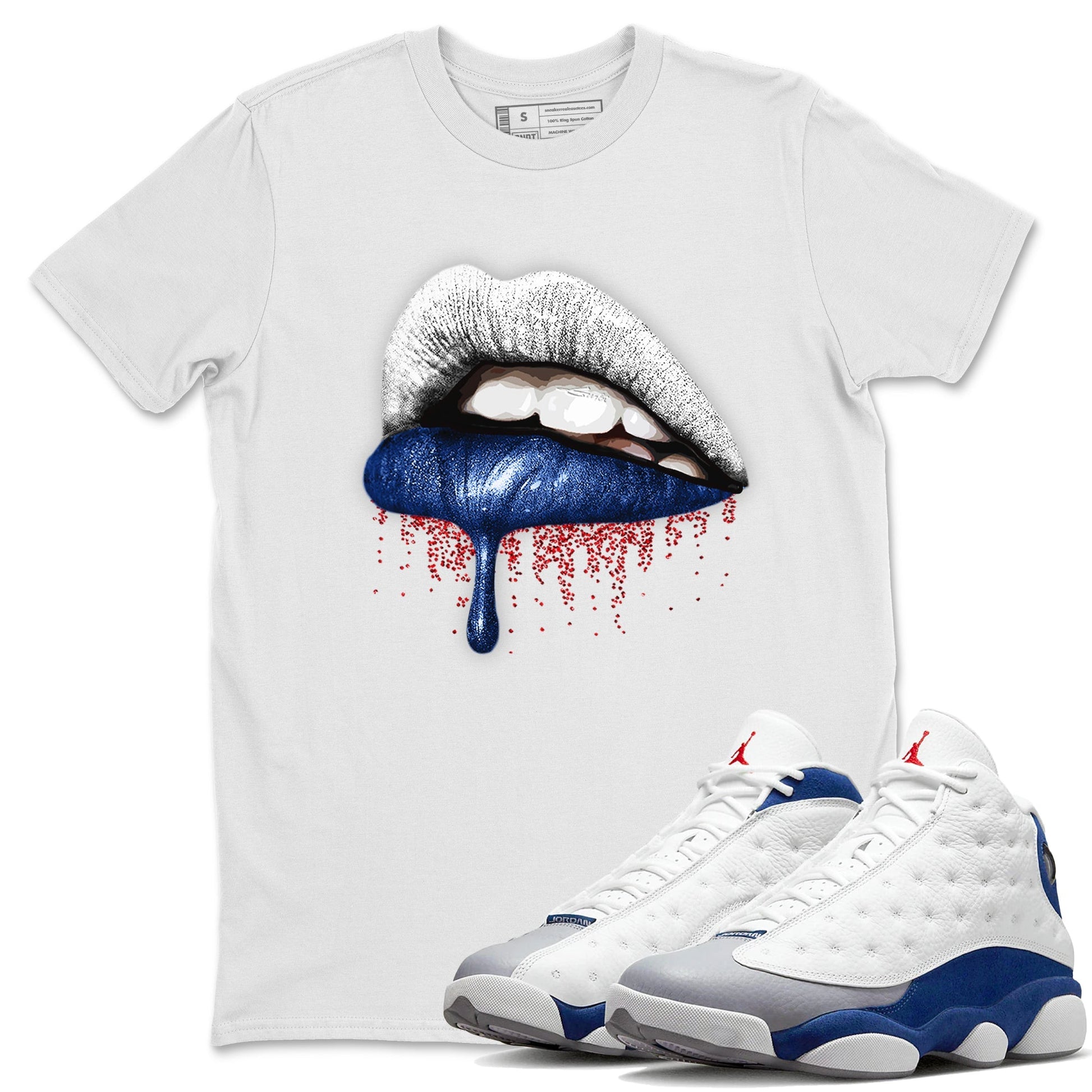 Jordan 13 French Blue Sneaker Match Tees Dripping Lips Sneaker Tees Jordan 13 French Blue Sneaker Release Tees Unisex Shirts