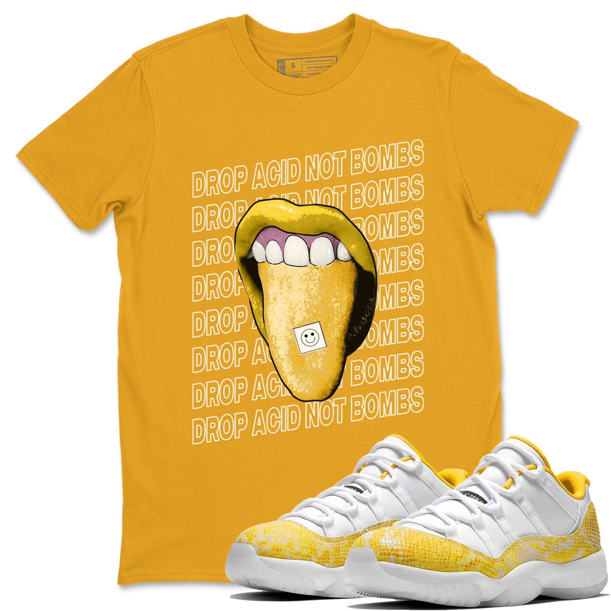 Air Jordan 11 Yellow Python Sneaker Match Tees Drop Acid Not Bombs Sneaker Tees Air Jordan 11 Snakeskin Shirts Unisex Shirts Gold 1