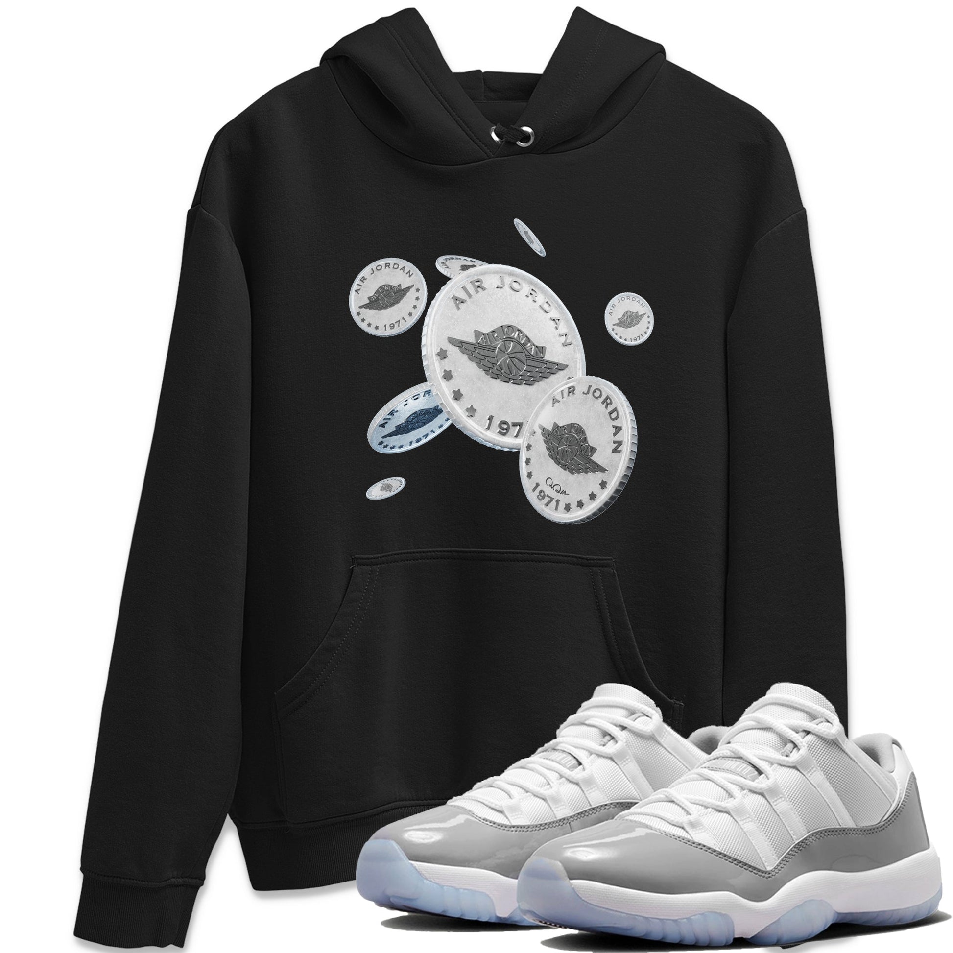Air Jordan 11 White Cement Sneaker Match Tees Drop Coin Sneaker Tees Air Jordan 11 Cement Grey Sneaker Release Tees Unisex Shirts Black 1