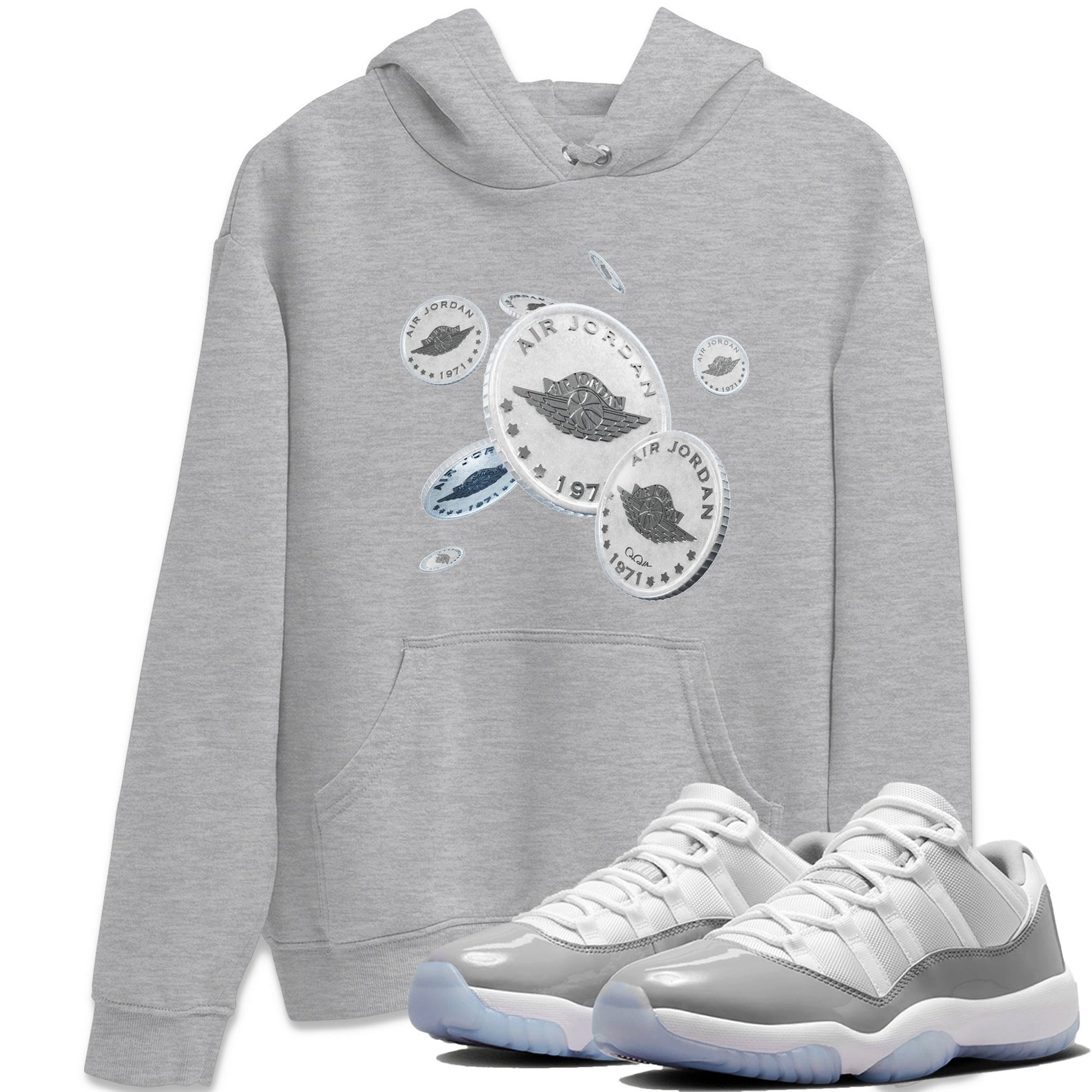 Air Jordan 11 White Cement Sneaker Match Tees Drop Coin Sneaker Tees Air Jordan 11 Cement Grey Sneaker Release Tees Unisex Shirts Heather Grey 1