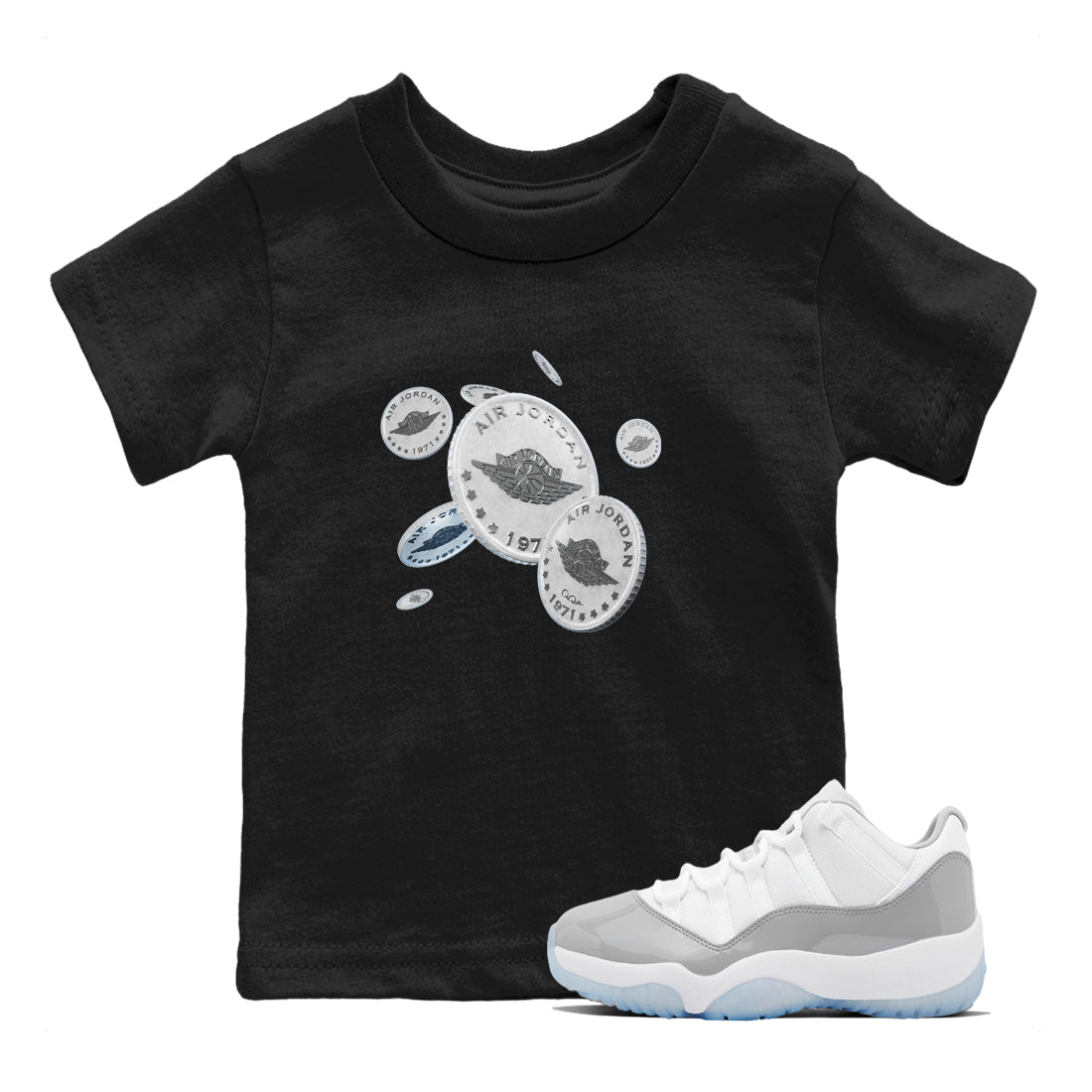 Air Jordan 11 White Cement Sneaker Match Tees Drop Coin Sneaker Tees Air Jordan 11 Cement Grey Sneaker Release Tees Kids Shirts Black 1