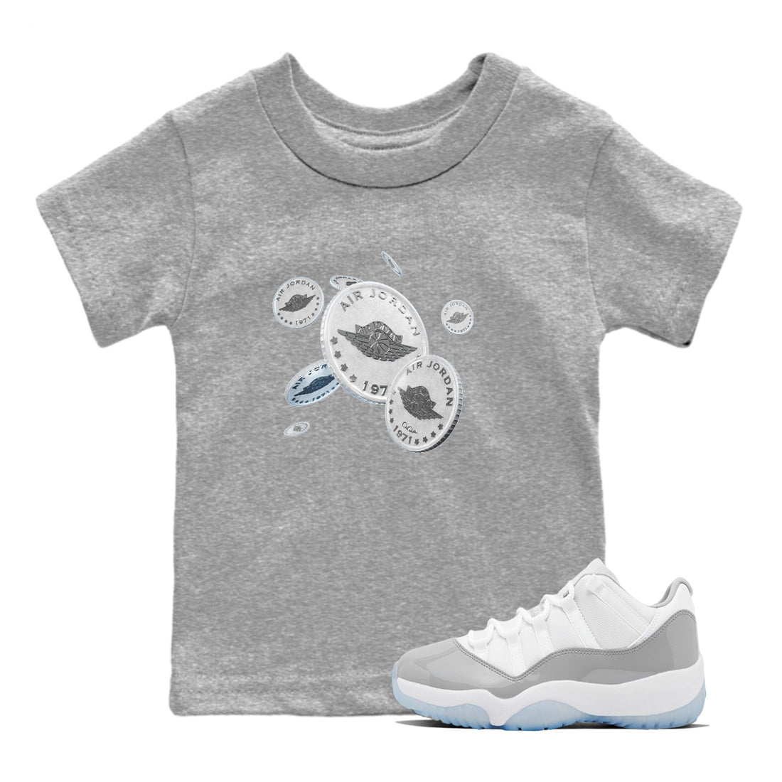 Air Jordan 11 White Cement Drop Coin Baby and Kids Sneaker Tees Air Jordan 11 Cement Grey Kids Sneaker Tees Size Chart