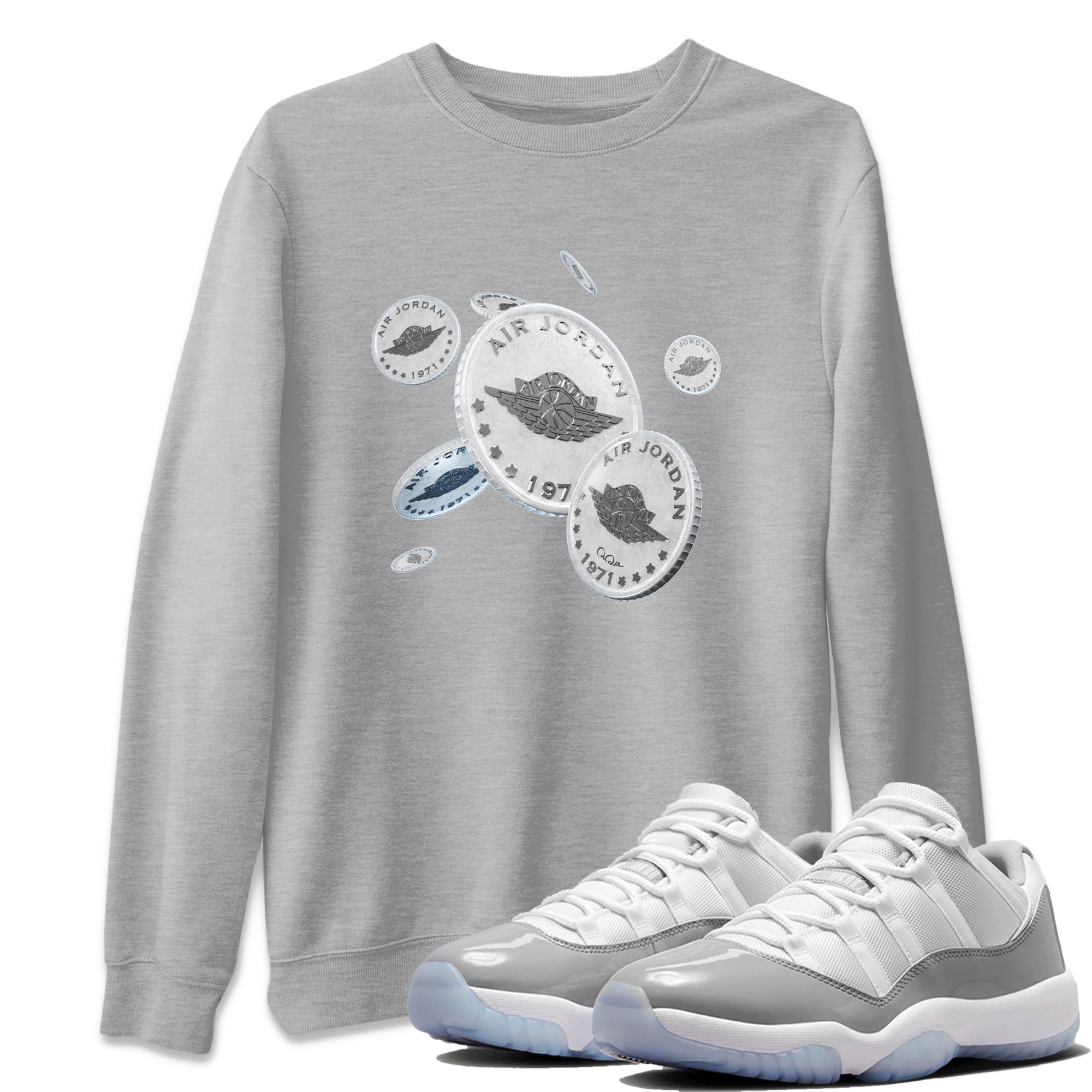 Air Jordan 11 White Cement Sneaker Match Tees Drop Coin Sneaker Tees Air Jordan 11 Cement Grey Sneaker Release Tees Unisex Shirts Heather Grey 1