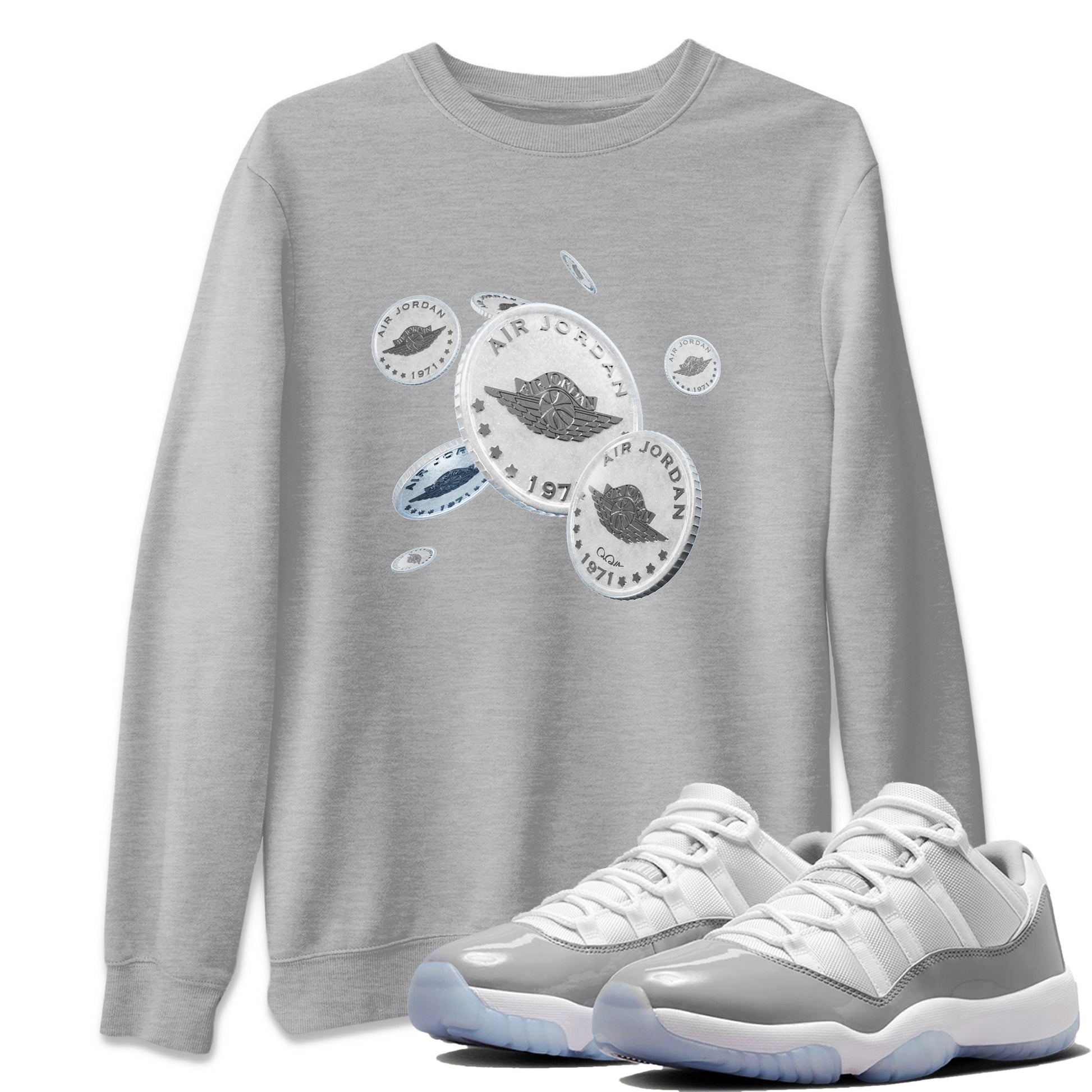 Air Jordan 11 White Cement Sneaker Match Tees Drop Coin Sneaker Tees Air Jordan 11 Cement Grey Sneaker Release Tees Unisex Shirts Heather Grey 1