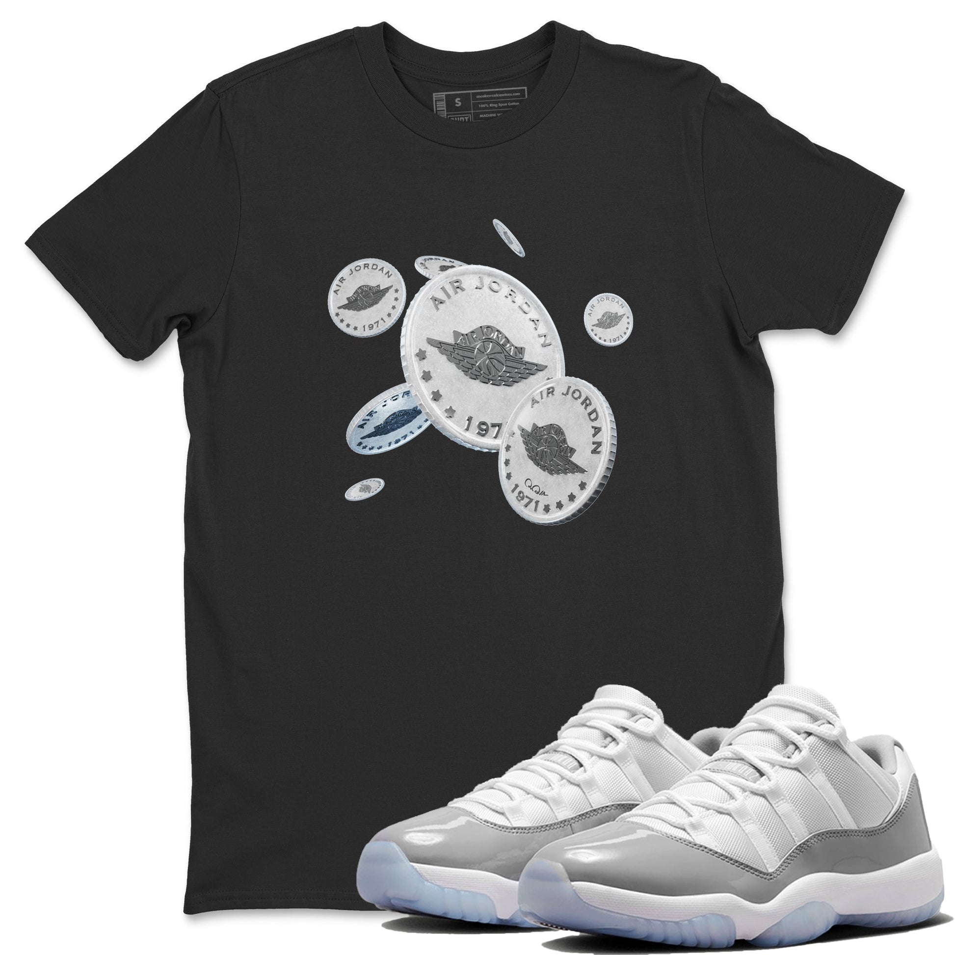 Air Jordan 11 White Cement Sneaker Match Tees Drop Coin Sneaker Tees Air Jordan 11 Cement Grey Sneaker Release Tees Unisex Shirts Black 1