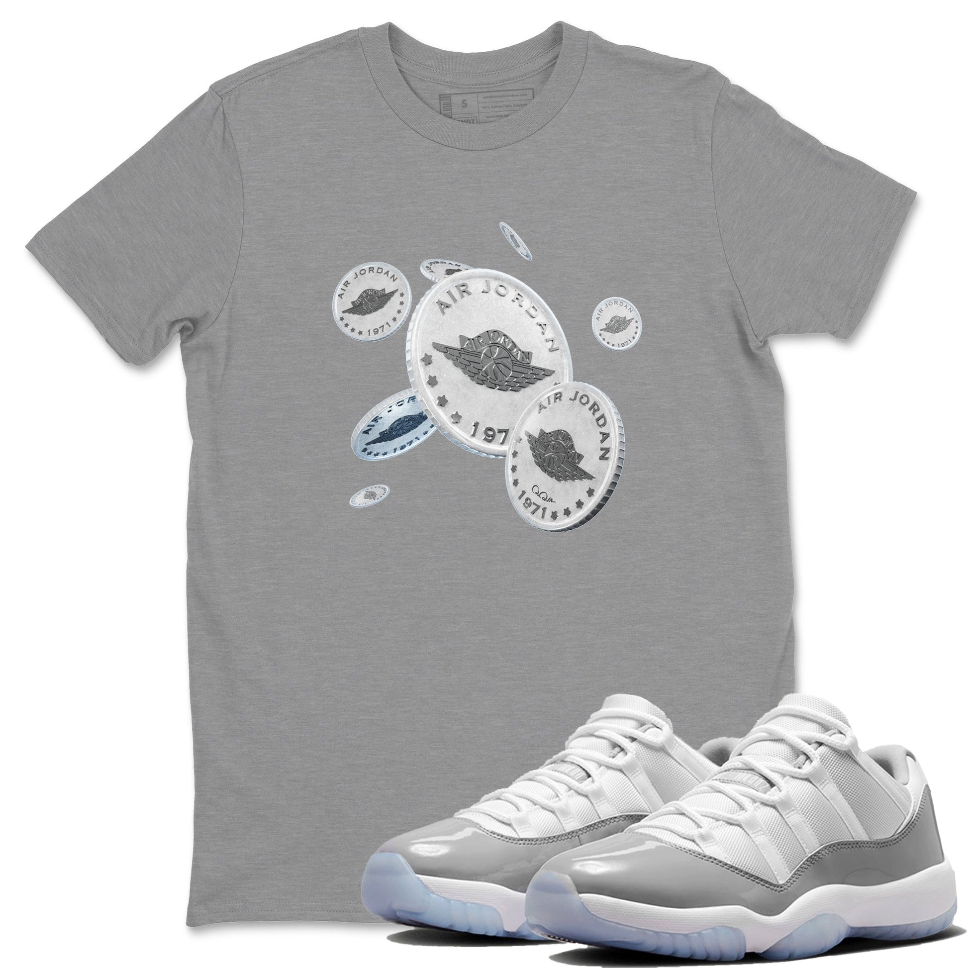 Air Jordan 11 White Cement Drop Coin Crew Neck Sneaker Tees Air Jordan 11 Cement Grey Sneaker T-Shirts Size Chart