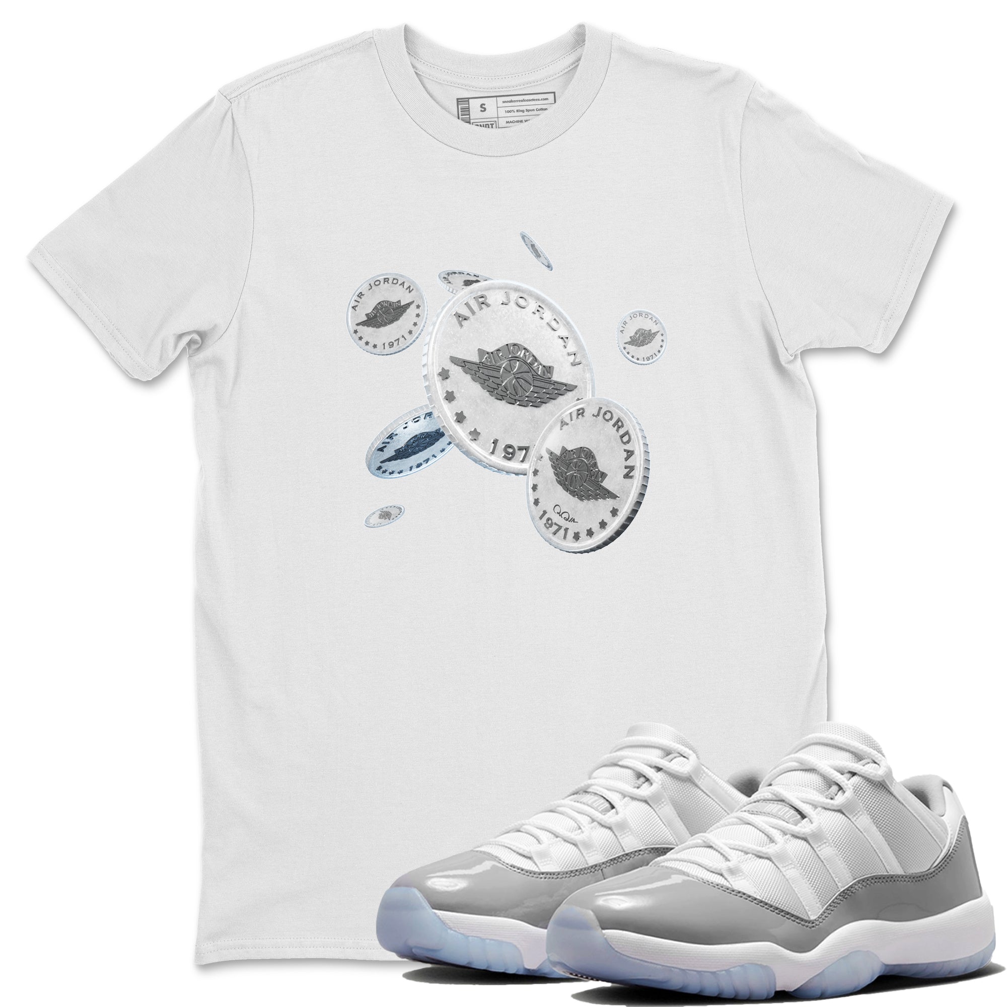 Air Jordan 11 White Cement Sneaker Match Tees Drop Coin Sneaker Tees Air Jordan 11 Cement Grey Sneaker Release Tees Unisex Shirts White 1