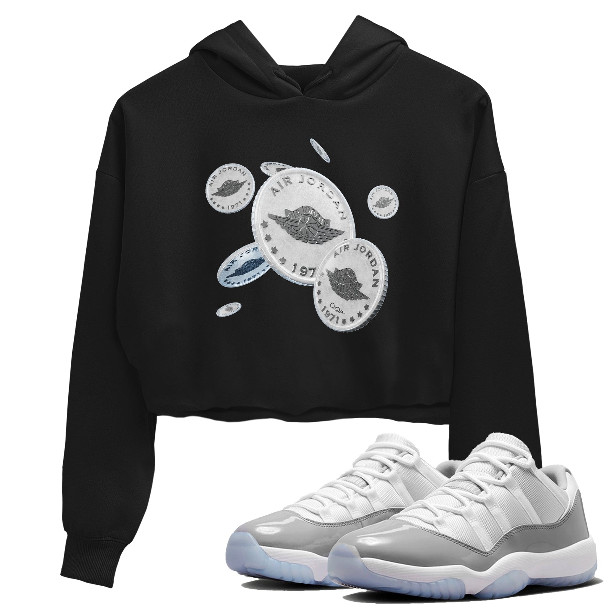 Air Jordan 11 White Cement Sneaker Match Tees Drop Coin Sneaker Tees Air Jordan 11 Cement Grey Sneaker Release Tees Women's Shirts Black 1