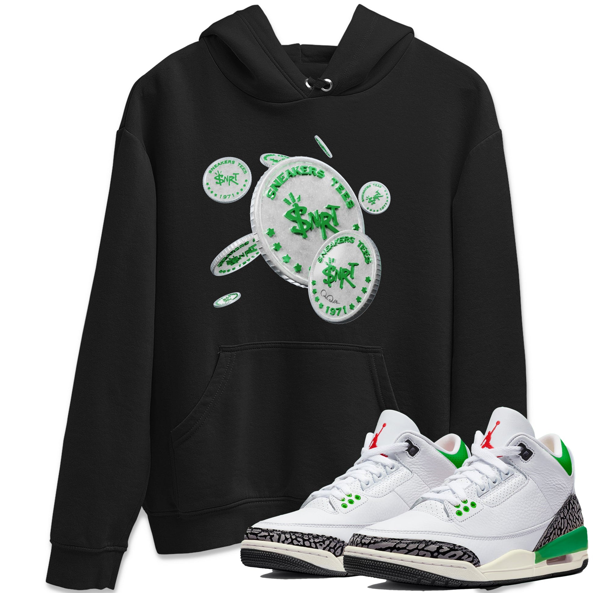 Air Jordan 3 Lucky Green Sneaker Match Tees Drop Coin Sneaker Tees AJ3 Lucky Green Sneaker Release Tees Unisex Shirts Black 1