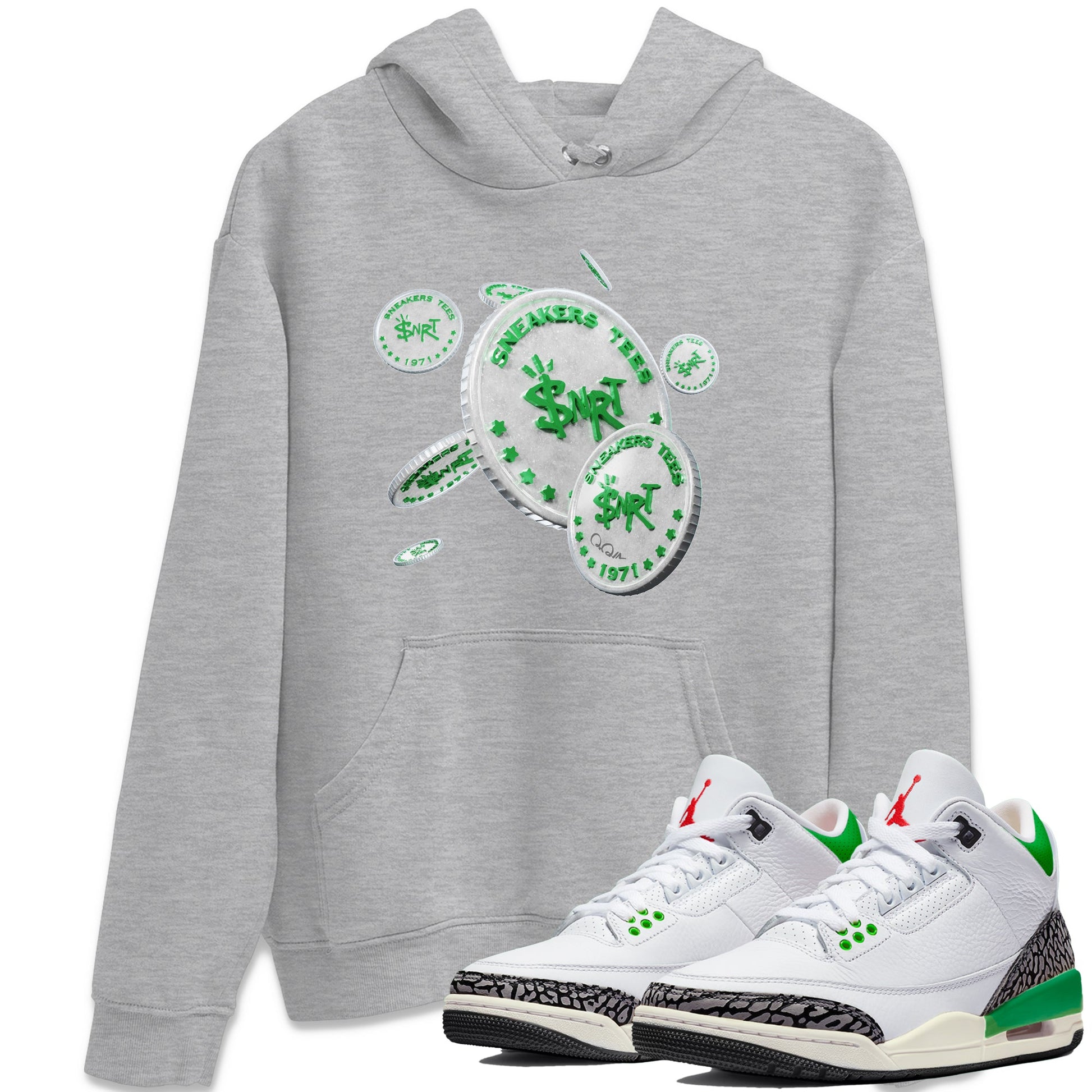 Air Jordan 3 Lucky Green Sneaker Match Tees Drop Coin Sneaker Tees AJ3 Lucky Green Sneaker Release Tees Unisex Shirts Heather Grey 1