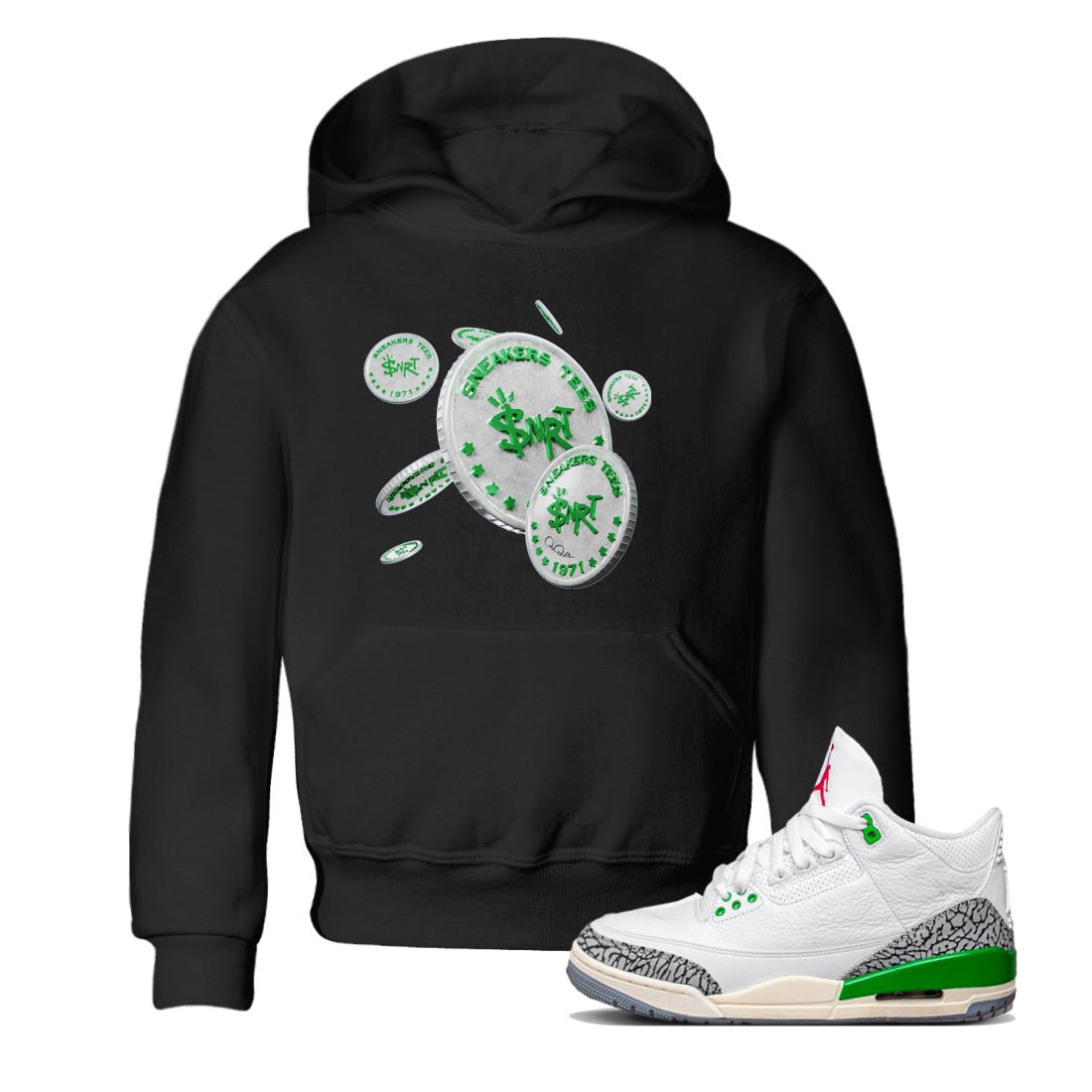 Air Jordan 3 Lucky Green Sneaker Match Tees Drop Coin Sneaker Tees AJ3 Lucky Green Sneaker Release Tees Kids Shirts Black 1