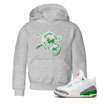 Air Jordan 3 Lucky Green Sneaker Match Tees Drop Coin Sneaker Tees AJ3 Lucky Green Sneaker Release Tees Kids Shirts Heather Grey 1