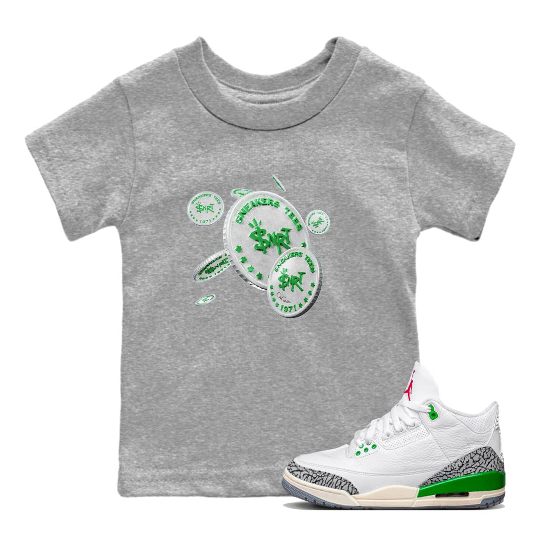 Air Jordan 3 Lucky Green Sneaker Match Tees Drop Coin Sneaker Tees AJ3 Lucky Green Sneaker Release Tees Kids Shirts Heather Grey 1