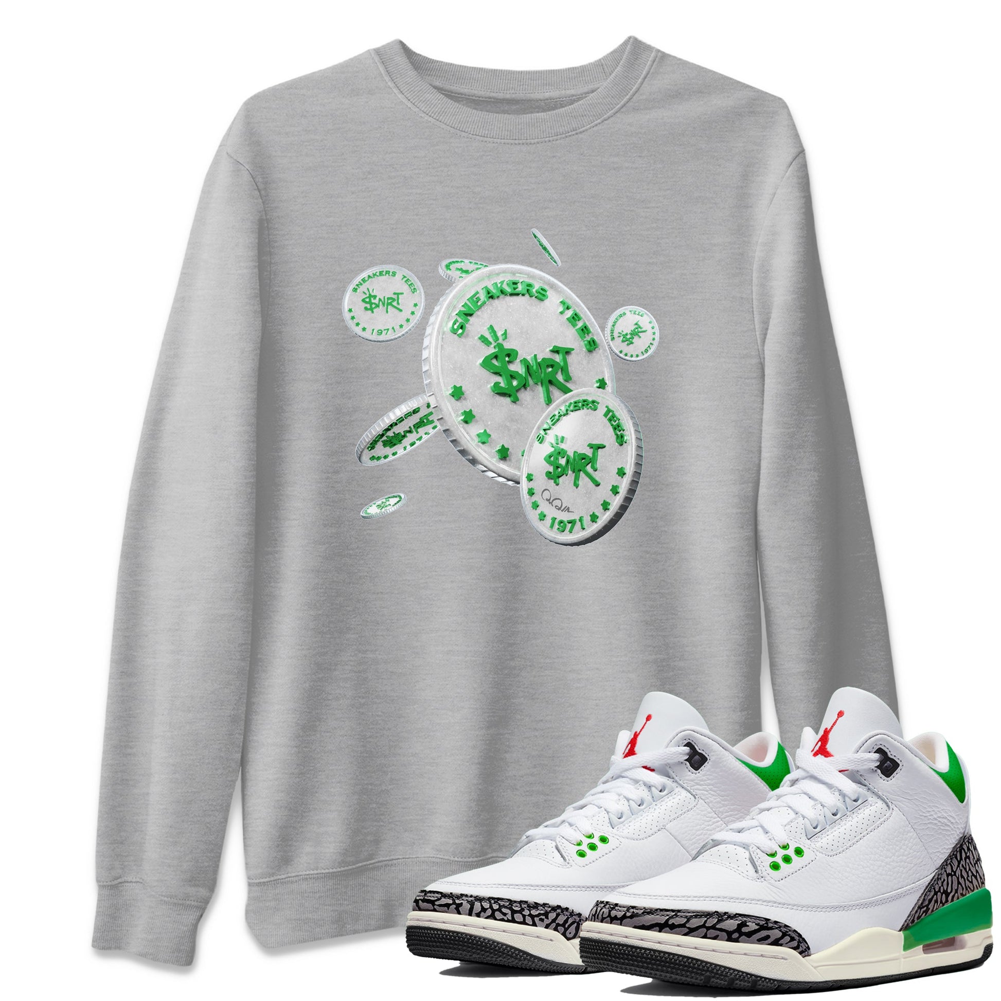 Air Jordan 3 Lucky Green Sneaker Match Tees Drop Coin Sneaker Tees AJ3 Lucky Green Sneaker Release Tees Unisex Shirts Heather Grey 1
