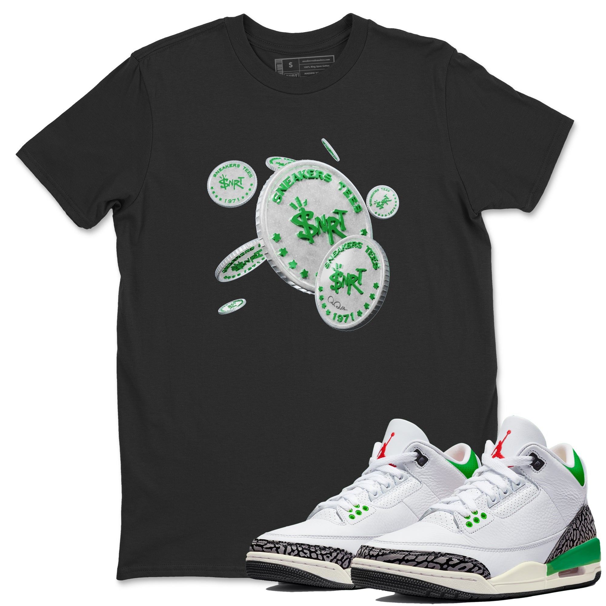 Air Jordan 3 Lucky Green Sneaker Match Tees Drop Coin Sneaker Tees AJ3 Lucky Green Sneaker Release Tees Unisex Shirts Black 1
