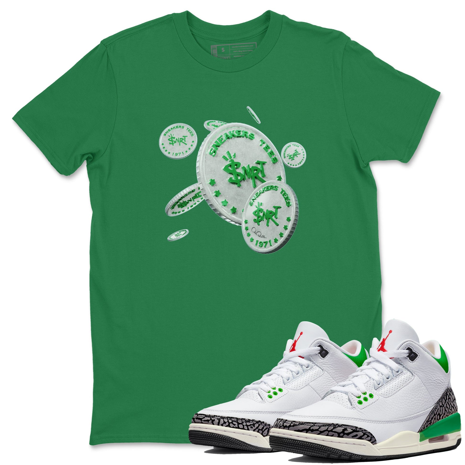 Air Jordan 3 Lucky Green Sneaker Match Tees Drop Coin Sneaker Tees AJ3 Lucky Green Sneaker Release Tees Unisex Shirts Kelly Green 1