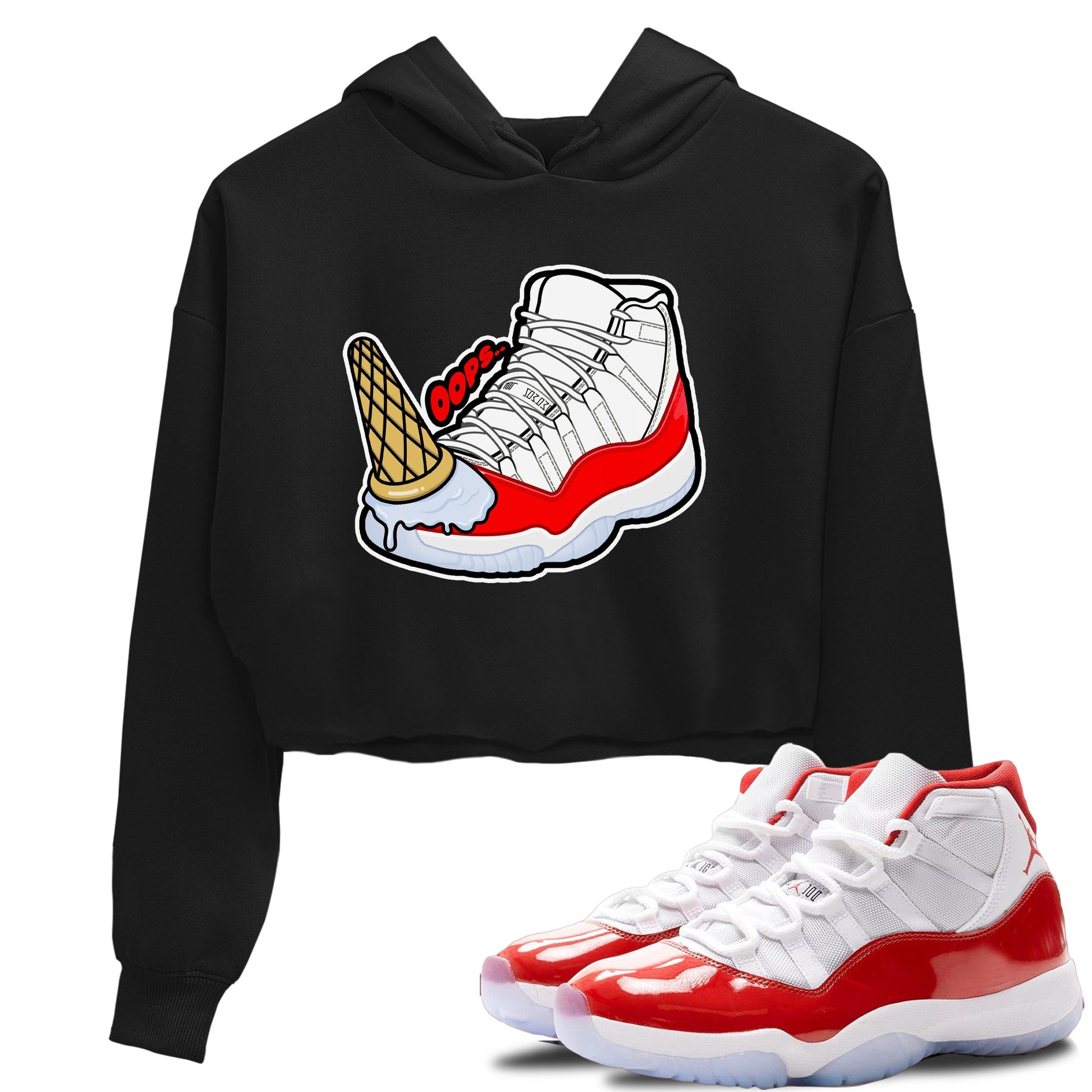 Air Jordan 11 Cherry shirt to match jordans Dropped Ice Cream sneaker tees AJ11 Cherry SNRT Sneaker Release Tees Black 1 Crop T-Shirt