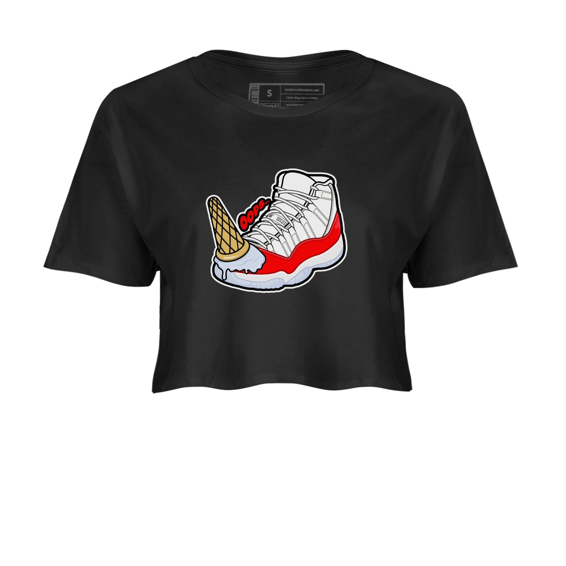 Air Jordan 11 Cherry shirt to match jordans Dropped Ice Cream sneaker tees AJ11 Cherry SNRT Sneaker Release Tees Black 2 Crop T-Shirt