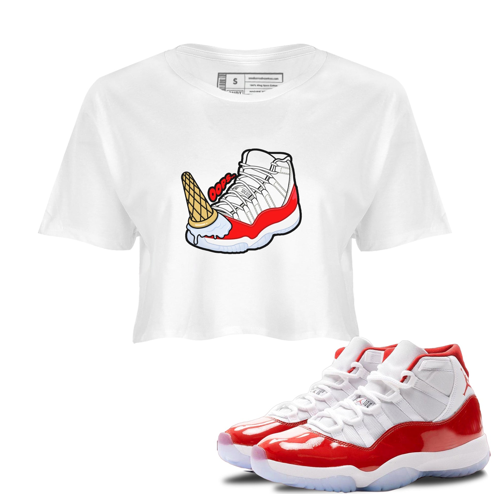 Air Jordan 11 Cherry shirt to match jordans Dropped Ice Cream sneaker tees AJ11 Cherry SNRT Sneaker Release Tees White 1 Crop T-Shirt