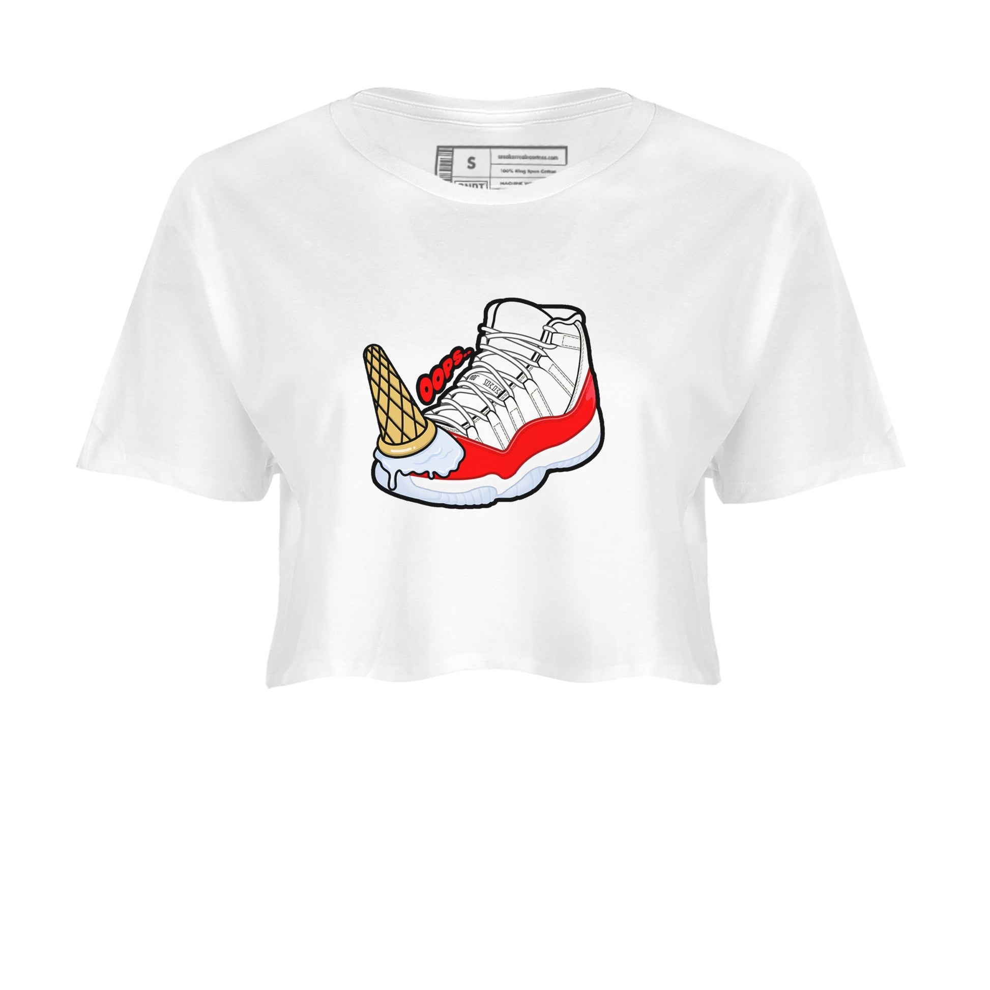 Air Jordan 11 Cherry shirt to match jordans Dropped Ice Cream sneaker tees AJ11 Cherry SNRT Sneaker Release Tees White 2 Crop T-Shirt