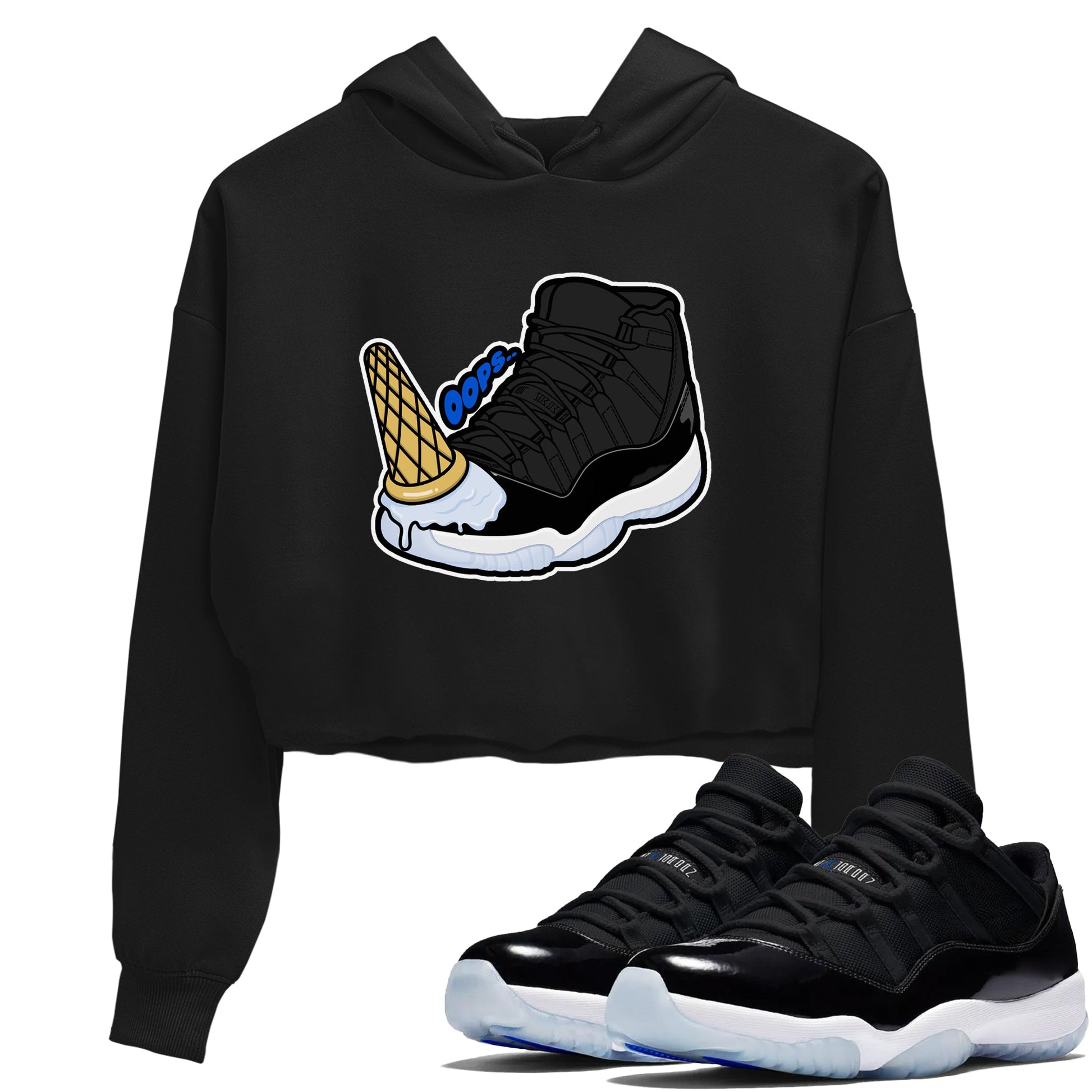 Air Jordan 11 Space shirt to match jordans Dropped Ice Cream sneaker tees AJ11 Black and Varsity Royal SNRT Sneaker Release Tees Black 1 crop length shirt