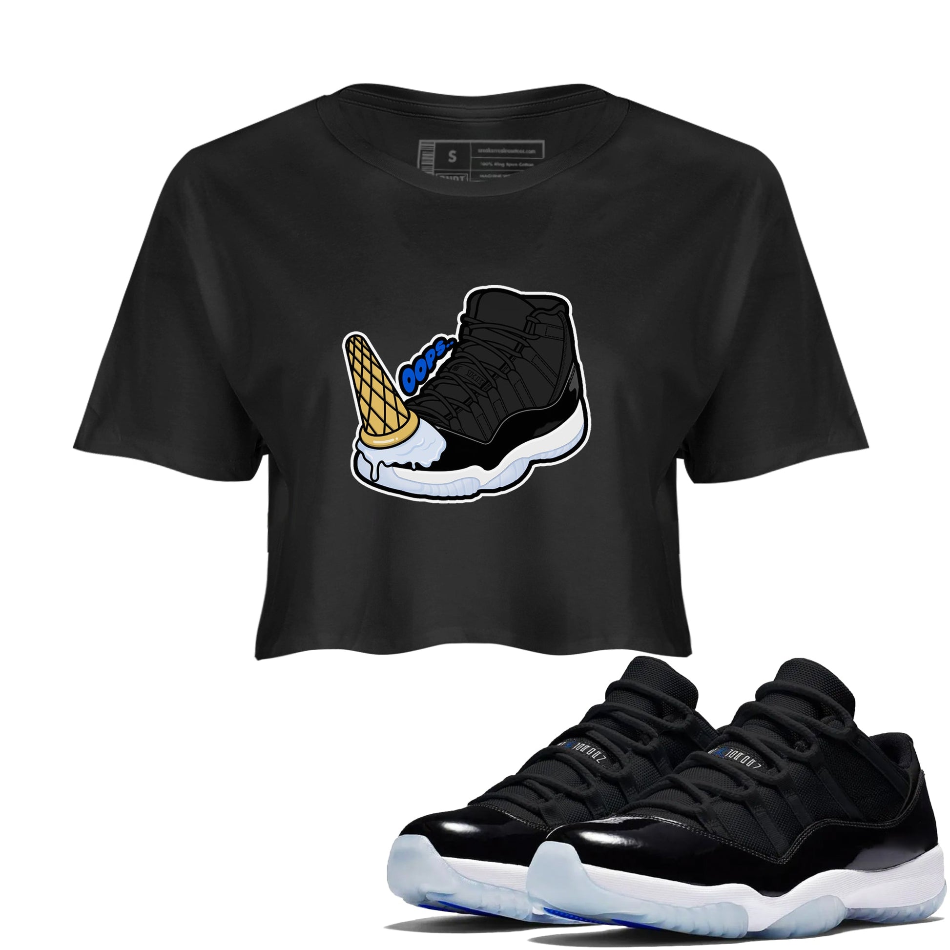 Air Jordan 11 Space shirt to match jordans Dropped Ice Cream sneaker tees AJ11 Black and Varsity Royal SNRT Sneaker Release Tees Black 1 crop length shirt