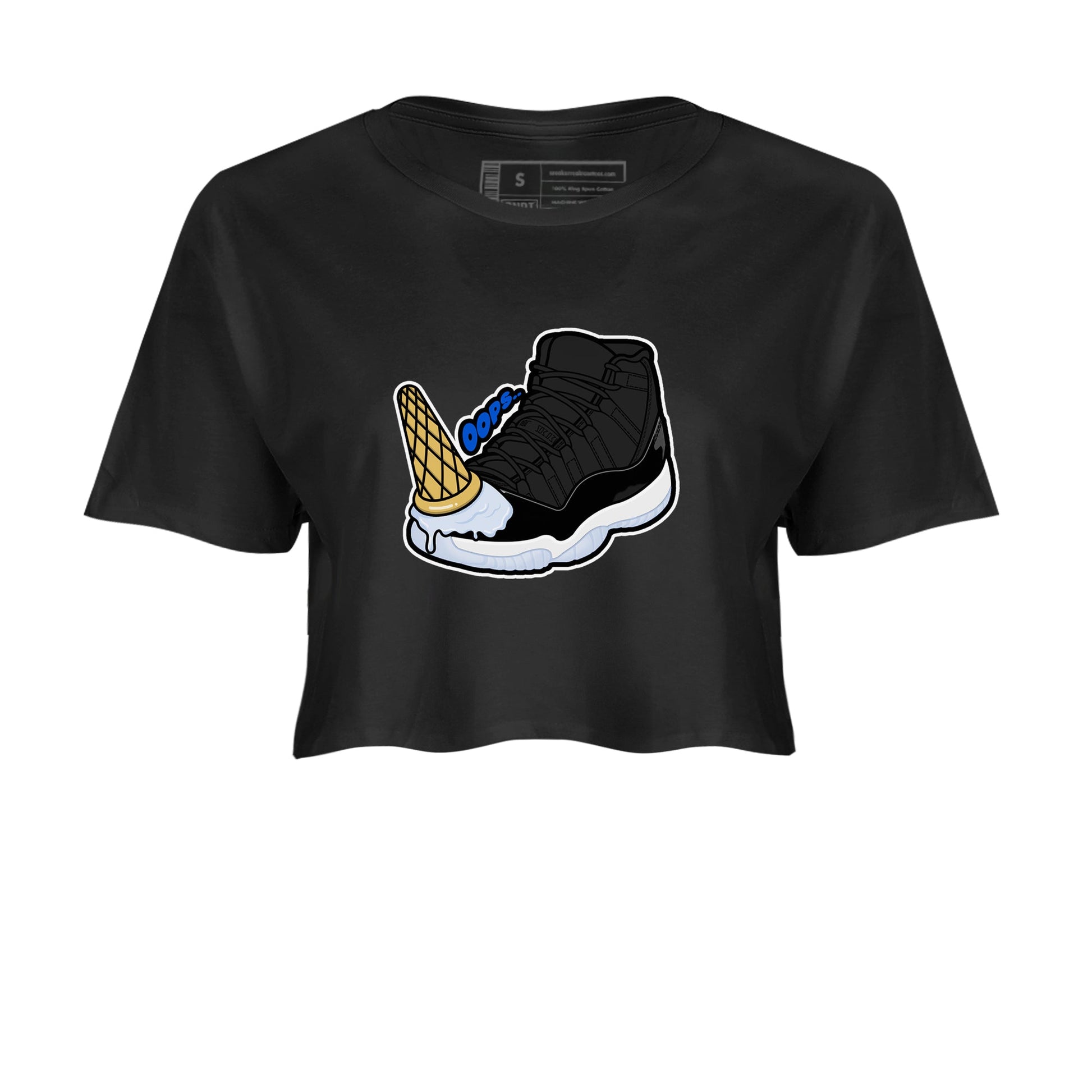 Air Jordan 11 Space shirt to match jordans Dropped Ice Cream sneaker tees AJ11 Black and Varsity Royal SNRT Sneaker Release Tees Black 2 crop length shirt