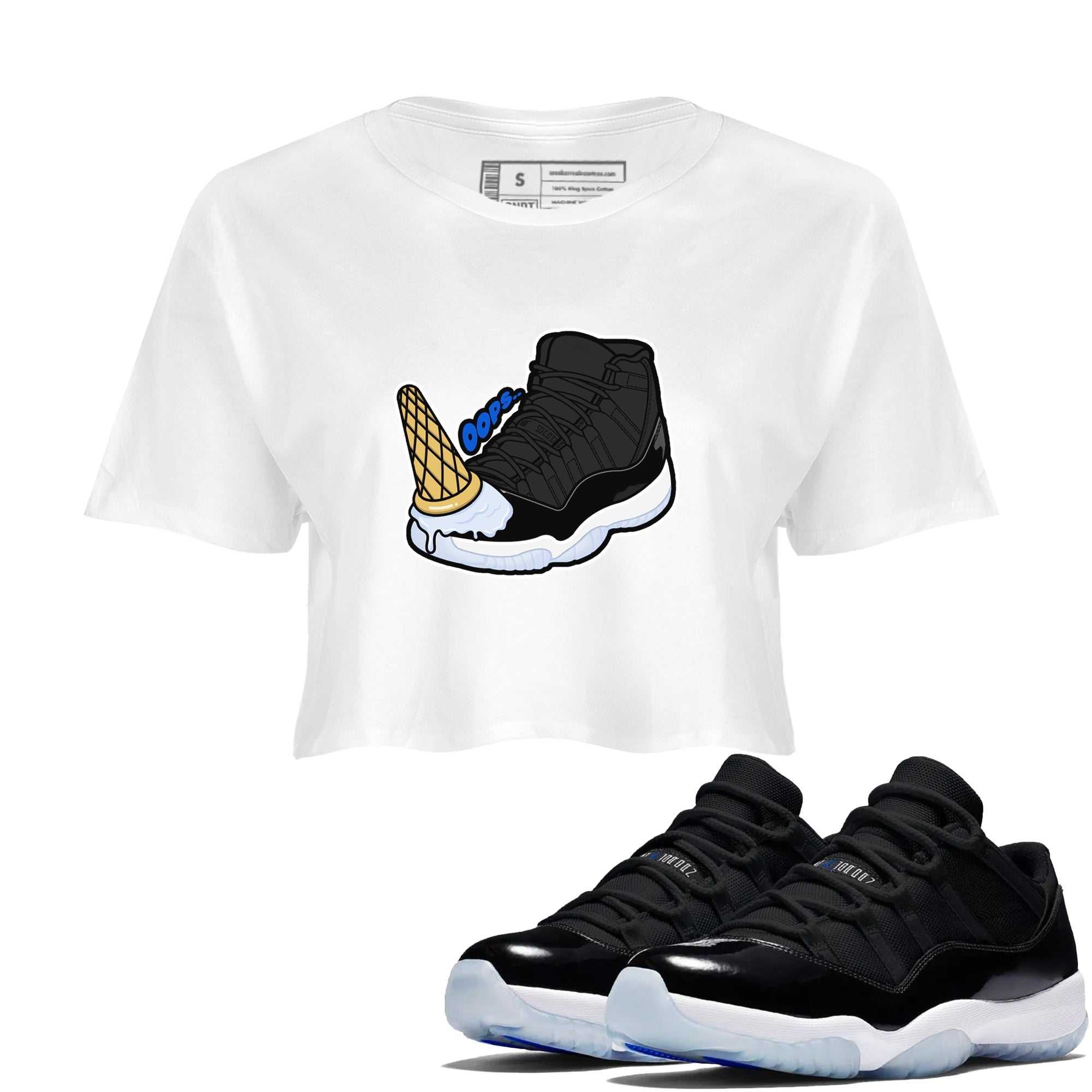 Air Jordan 11 Space shirt to match jordans Dropped Ice Cream sneaker tees AJ11 Black and Varsity Royal SNRT Sneaker Release Tees White 1 crop length shirt