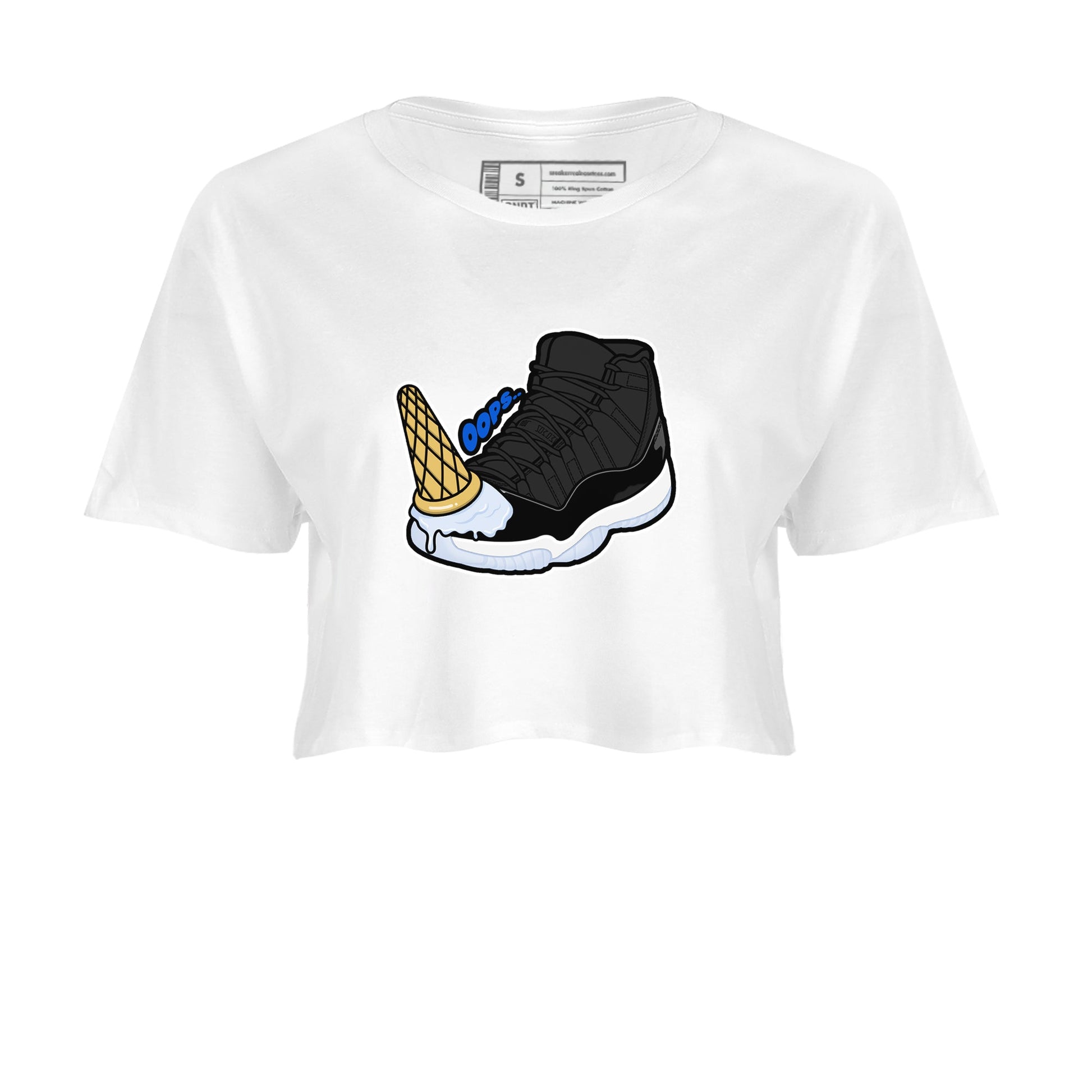 Air Jordan 11 Space shirt to match jordans Dropped Ice Cream sneaker tees AJ11 Black and Varsity Royal SNRT Sneaker Release Tees White 2 crop length shirt