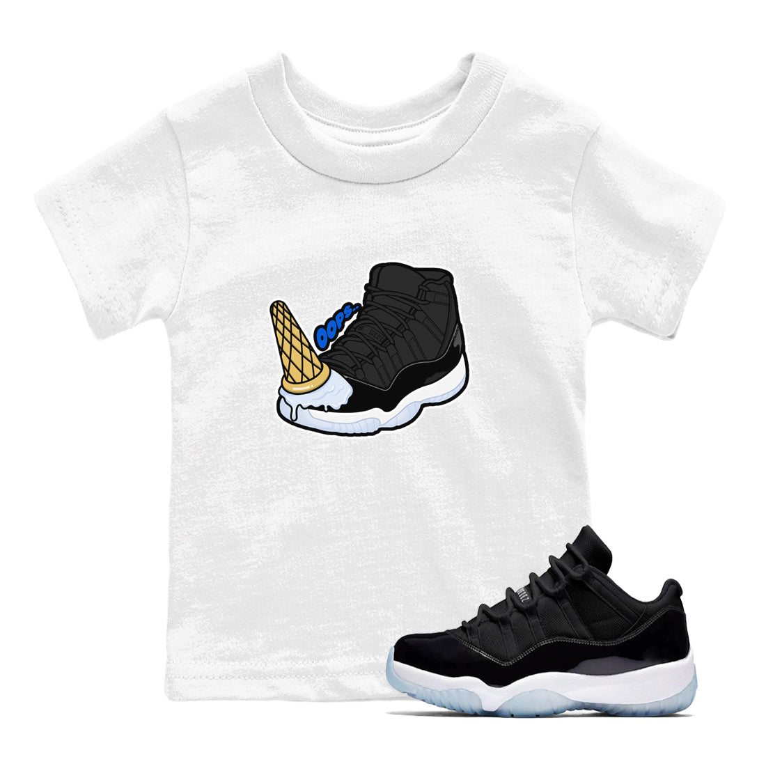 Air Jordan 11 Space shirt to match jordans Dropped Ice Cream sneaker tees AJ11 Black and Varsity Royal SNRT sneaker release tees baby toddler White 1 cotton Shirt