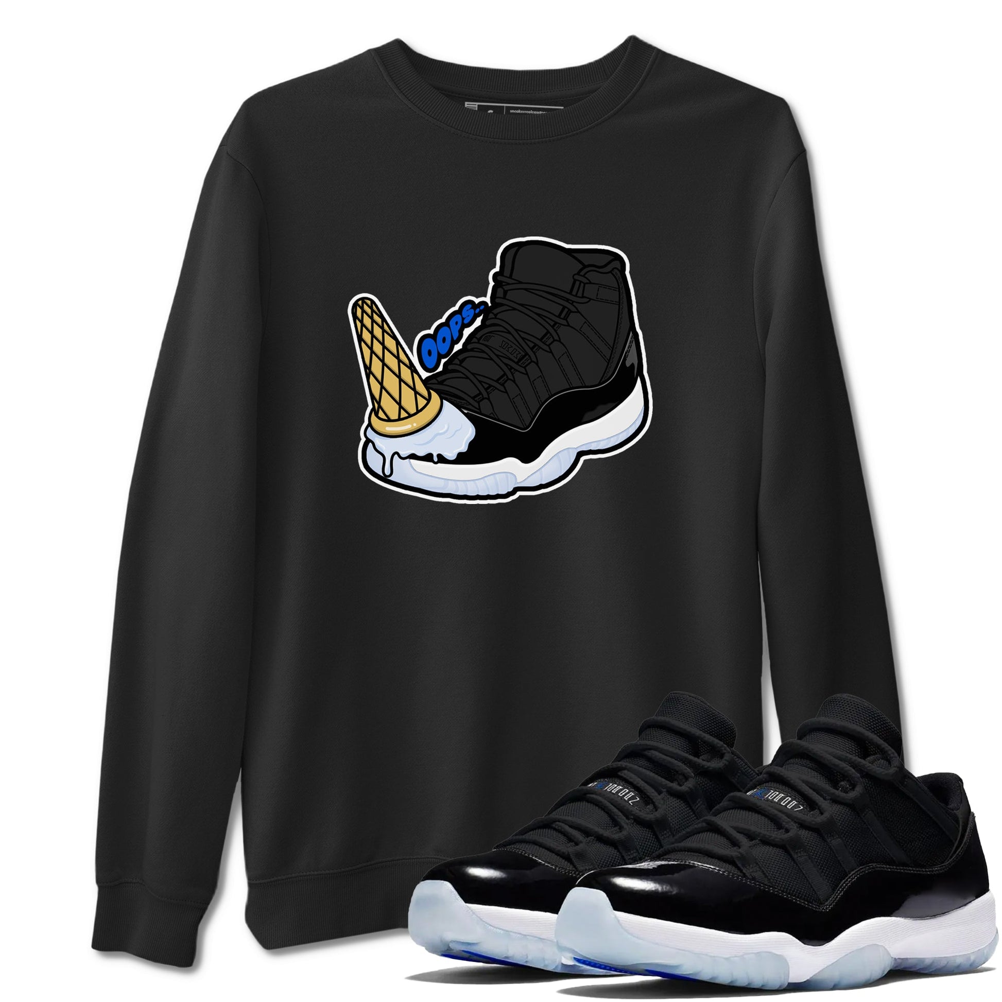 Air Jordan 11 Space shirt to match jordans Dropped Ice Cream sneaker tees AJ11 Black and Varsity Royal SNRT Sneaker Release Tees unisex cotton Black 1 crew neck shirt