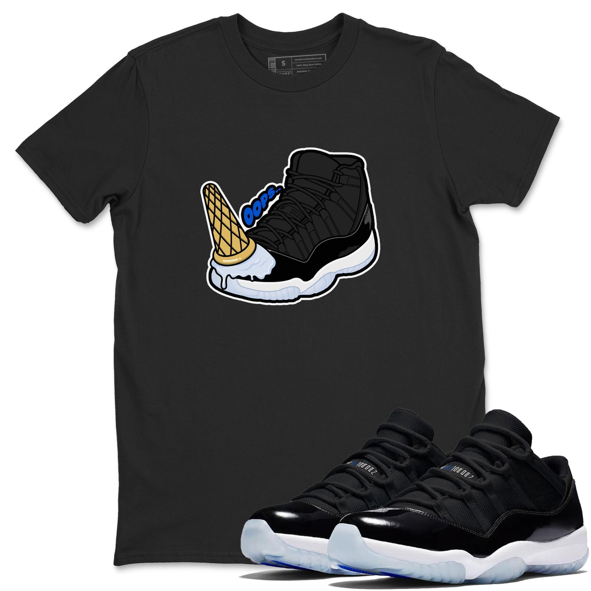 Air Jordan 11 Space shirt to match jordans Dropped Ice Cream sneaker tees AJ11 Black and Varsity Royal SNRT Sneaker Release Tees unisex cotton Black 1 crew neck shirt