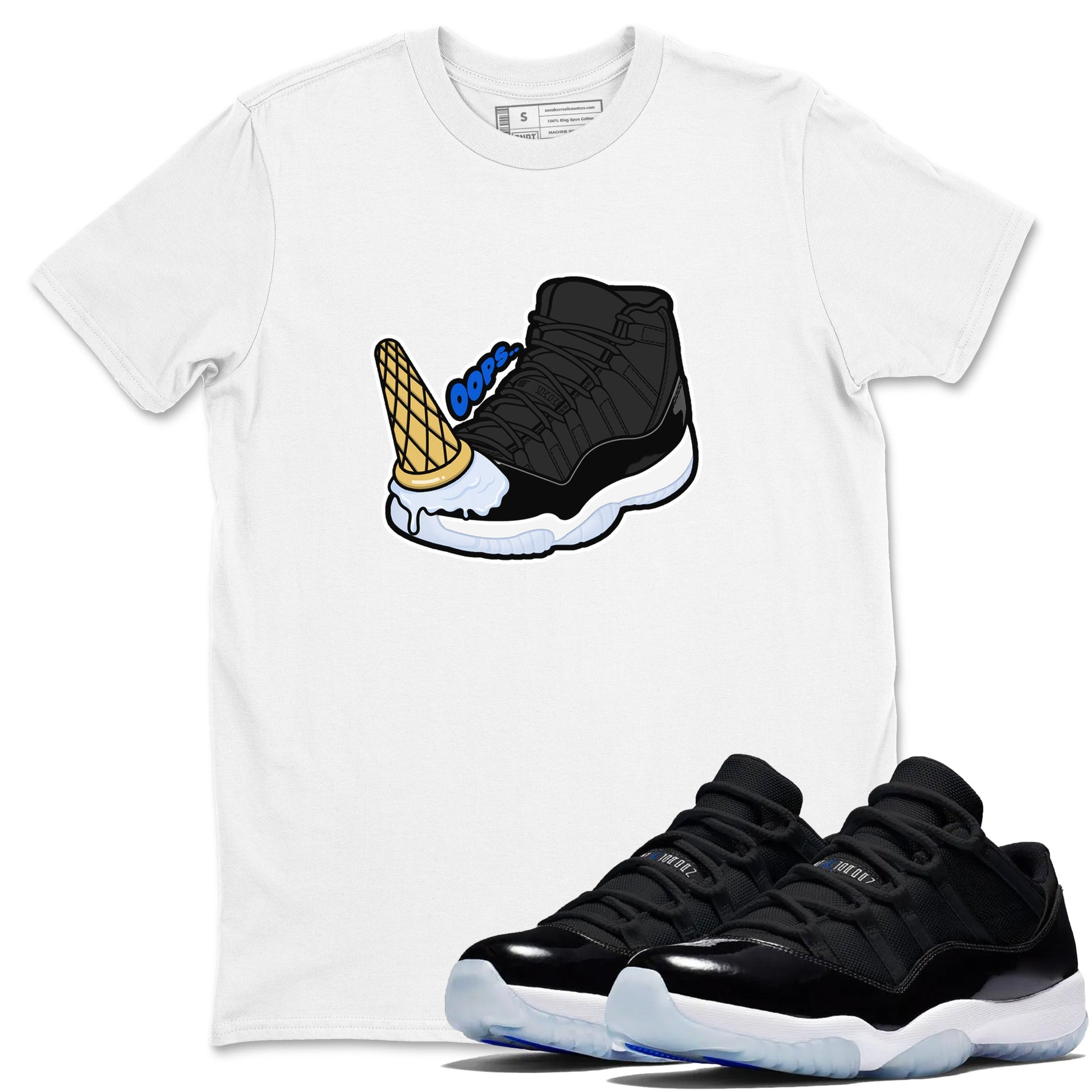 Air Jordan 11 Space shirt to match jordans Dropped Ice Cream sneaker tees AJ11 Black and Varsity Royal SNRT Sneaker Release Tees unisex cotton White 1 crew neck shirt