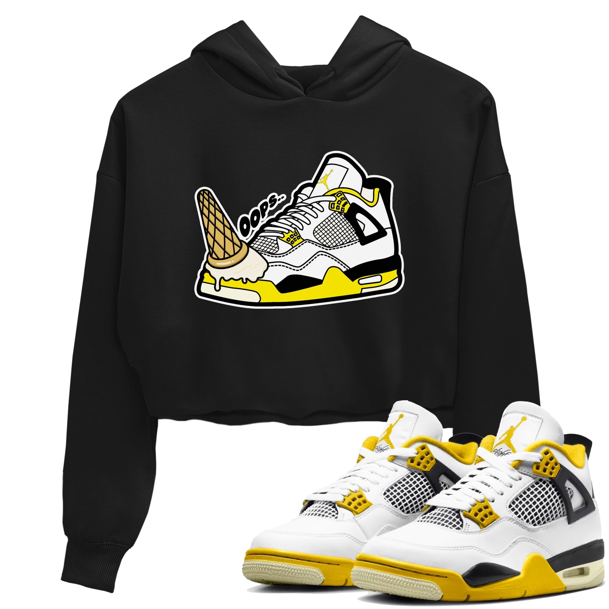 AJ4 Vivid Sulfur shirt to match jordans Dropped Ice Cream sneaker tees Air Jordan 4 Vivid Sulfur SNRT Sneaker Release Tees Black 1 crop length shirt