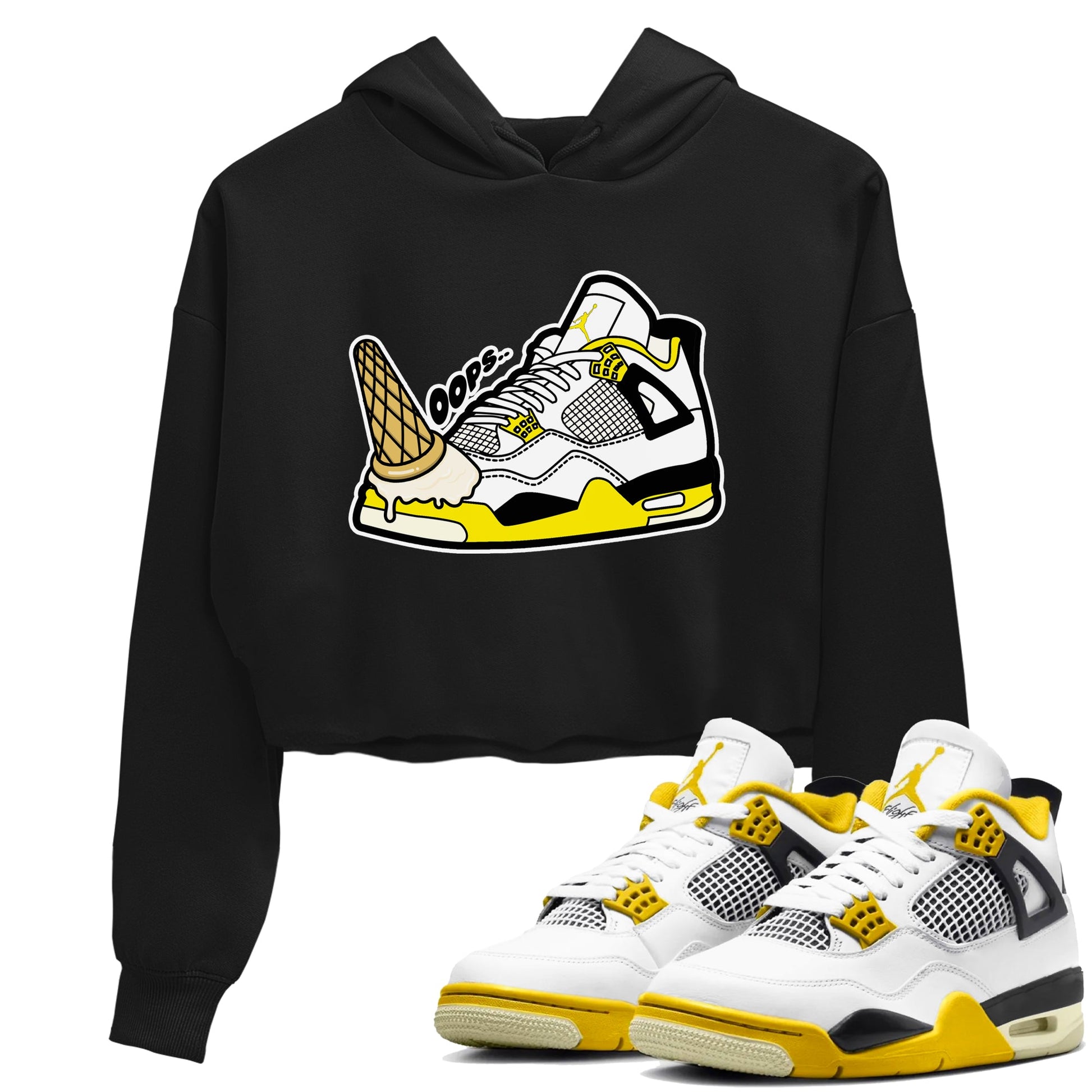AJ4 Vivid Sulfur shirt to match jordans Dropped Ice Cream sneaker tees Air Jordan 4 Vivid Sulfur SNRT Sneaker Release Tees Black 1 crop length shirt