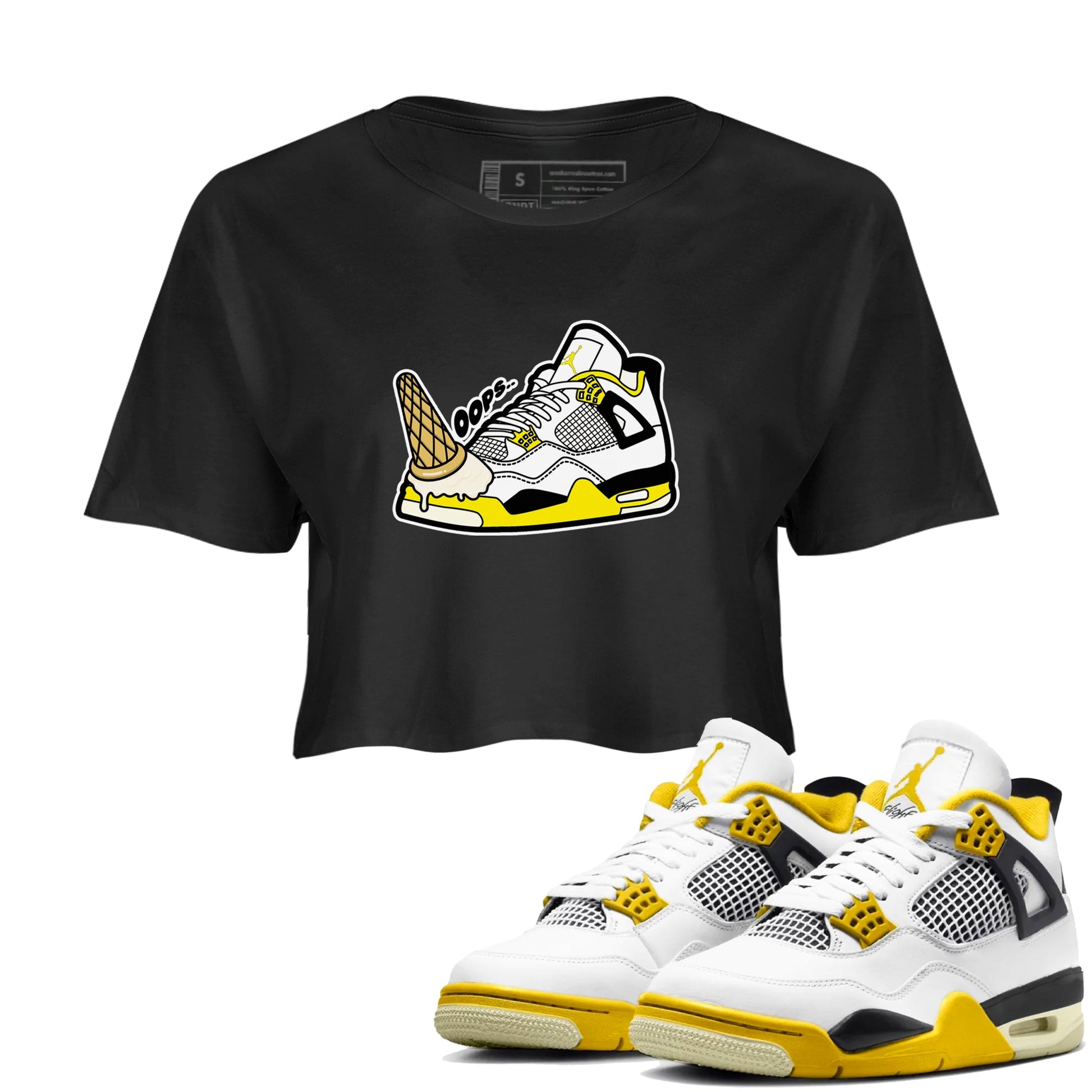 AJ4 Vivid Sulfur shirt to match jordans Dropped Ice Cream sneaker tees Air Jordan 4 Vivid Sulfur SNRT Sneaker Release Tees Black 1 crop length shirt