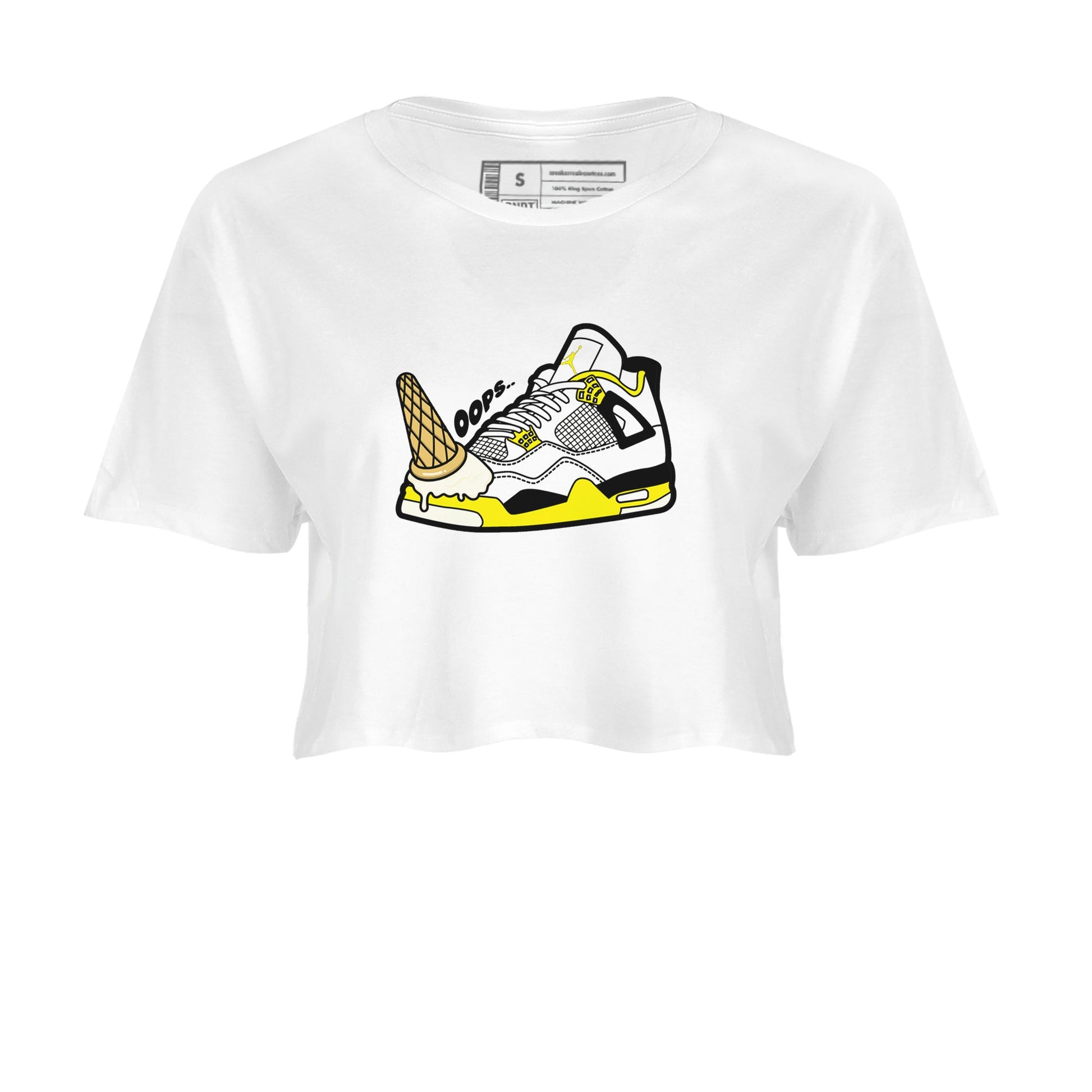 AJ4 Vivid Sulfur shirt to match jordans Dropped Ice Cream sneaker tees Air Jordan 4 Vivid Sulfur SNRT Sneaker Release Tees White 2 crop length shirt