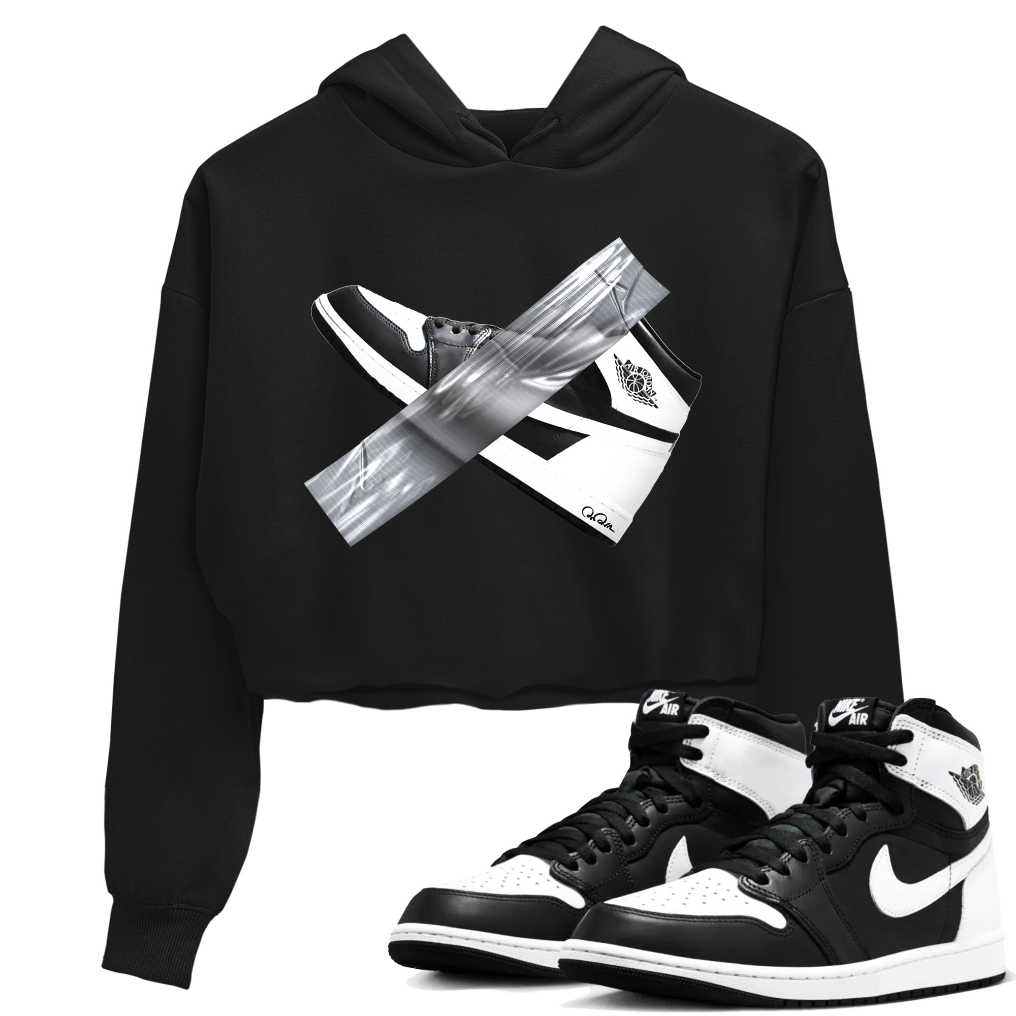 1s Black White shirt to match jordans Duct Tape sneaker tees Air Jordan 1 High OG Black White SNRT Sneaker Release Tees Black 1 crop length shirt