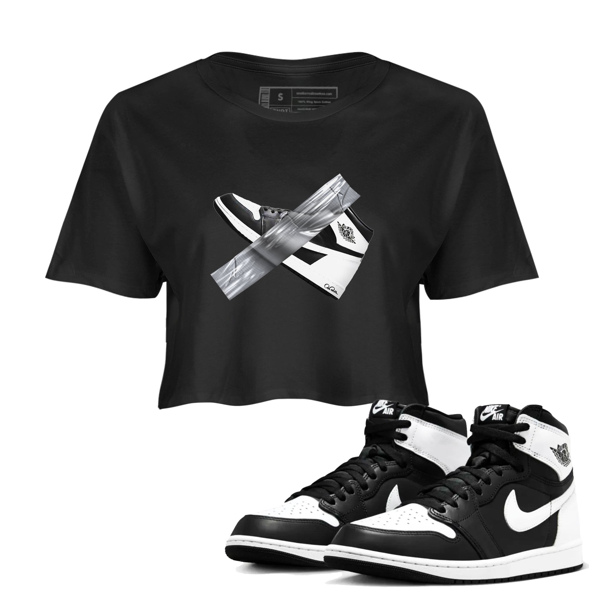 1s Black White shirt to match jordans Duct Tape sneaker tees Air Jordan 1 High OG Black White SNRT Sneaker Release Tees Black 1 crop length shirt