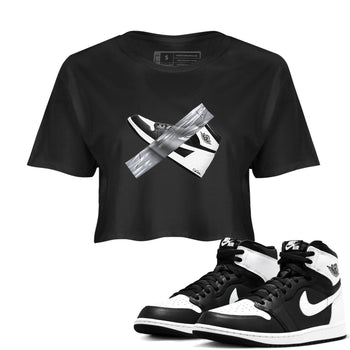 1s Black White shirt to match jordans Duct Tape sneaker tees Air Jordan 1 High OG Black White SNRT Sneaker Release Tees Black 1 crop length shirt