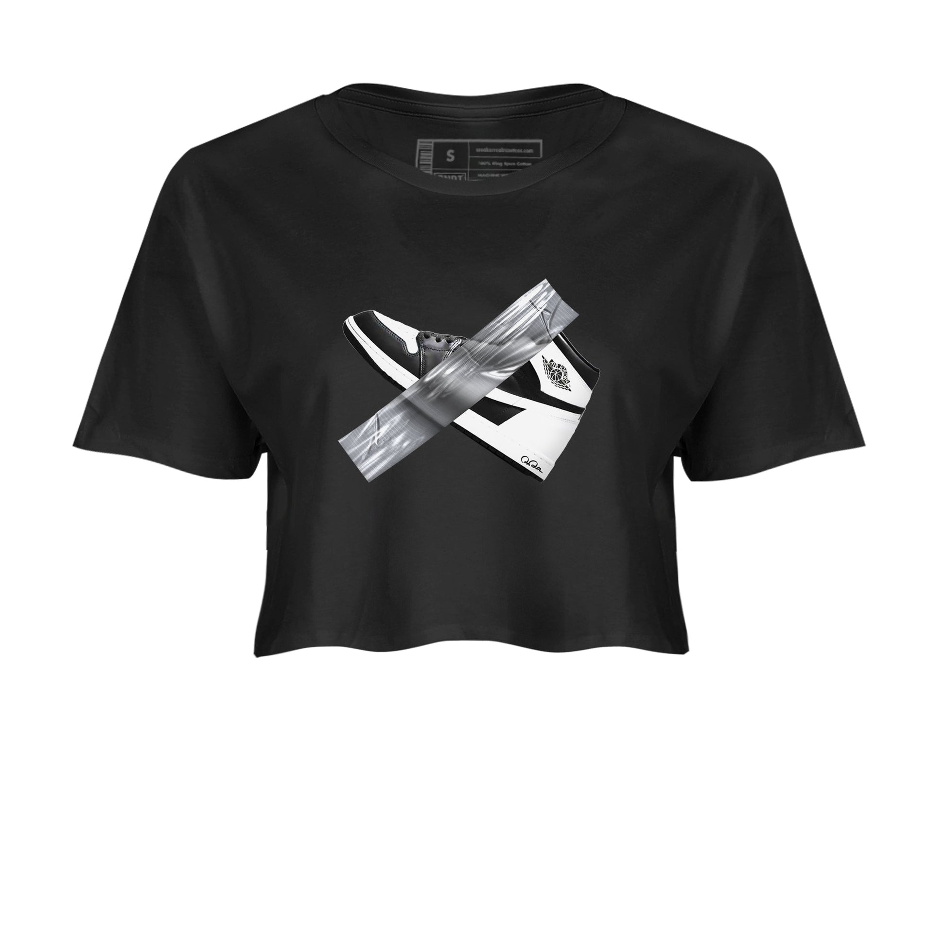 1s Black White shirt to match jordans Duct Tape sneaker tees Air Jordan 1 High OG Black White SNRT Sneaker Release Tees Black 2 crop length shirt