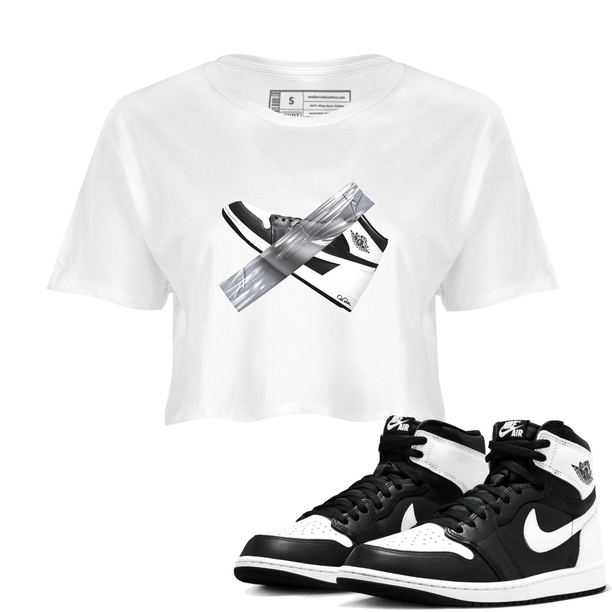 1s Black White shirt to match jordans Duct Tape sneaker tees Air Jordan 1 High OG Black White SNRT Sneaker Release Tees White 1 crop length shirt