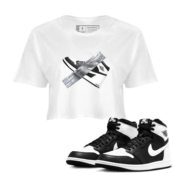 1s Black White shirt to match jordans Duct Tape sneaker tees Air Jordan 1 High OG Black White SNRT Sneaker Release Tees White 1 crop length shirt