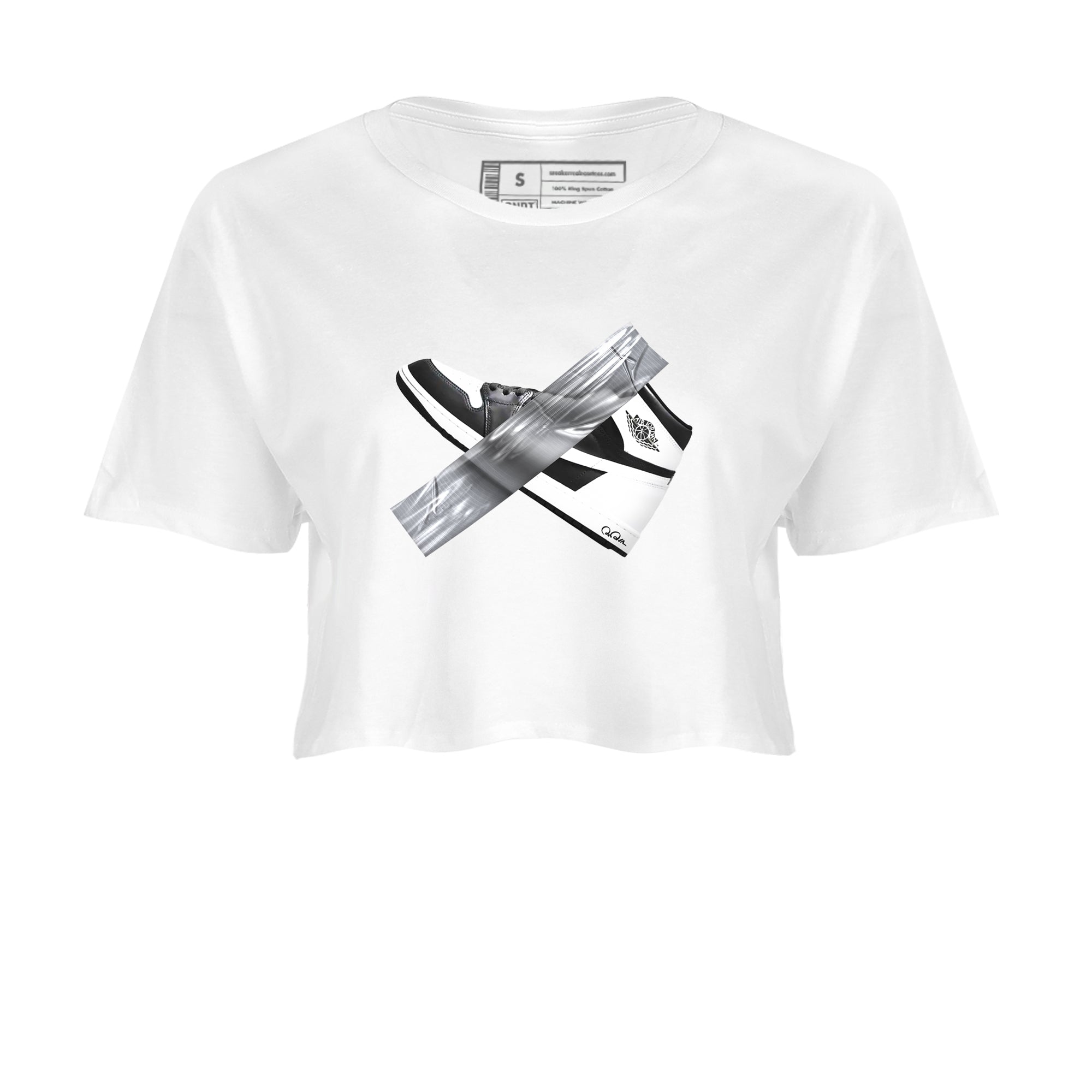 1s Black White shirt to match jordans Duct Tape sneaker tees Air Jordan 1 High OG Black White SNRT Sneaker Release Tees White 2 crop length shirt
